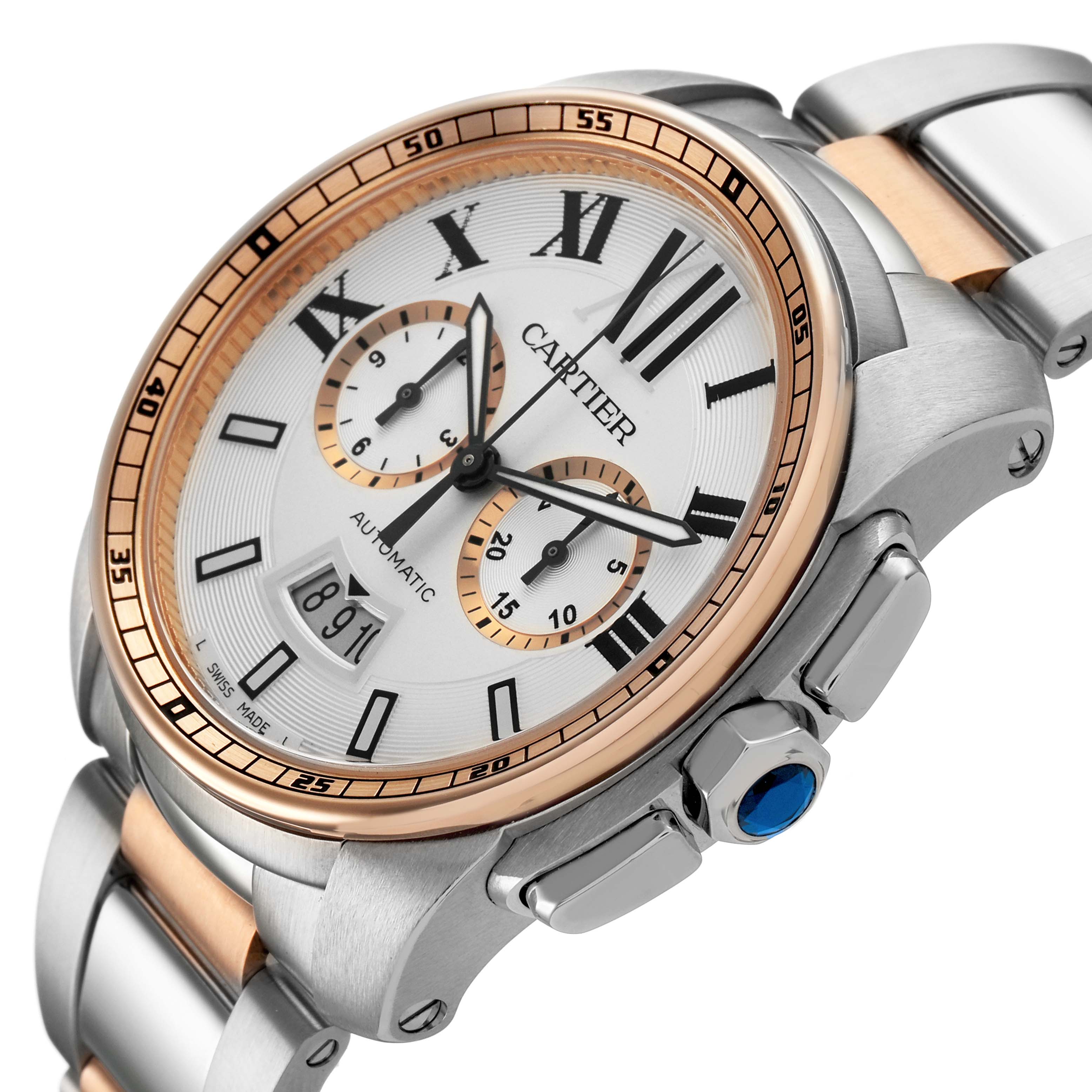 The Calibre de Cartier watch is shown at an angled side view, highlighting the dial, bezel, and metal bracelet.