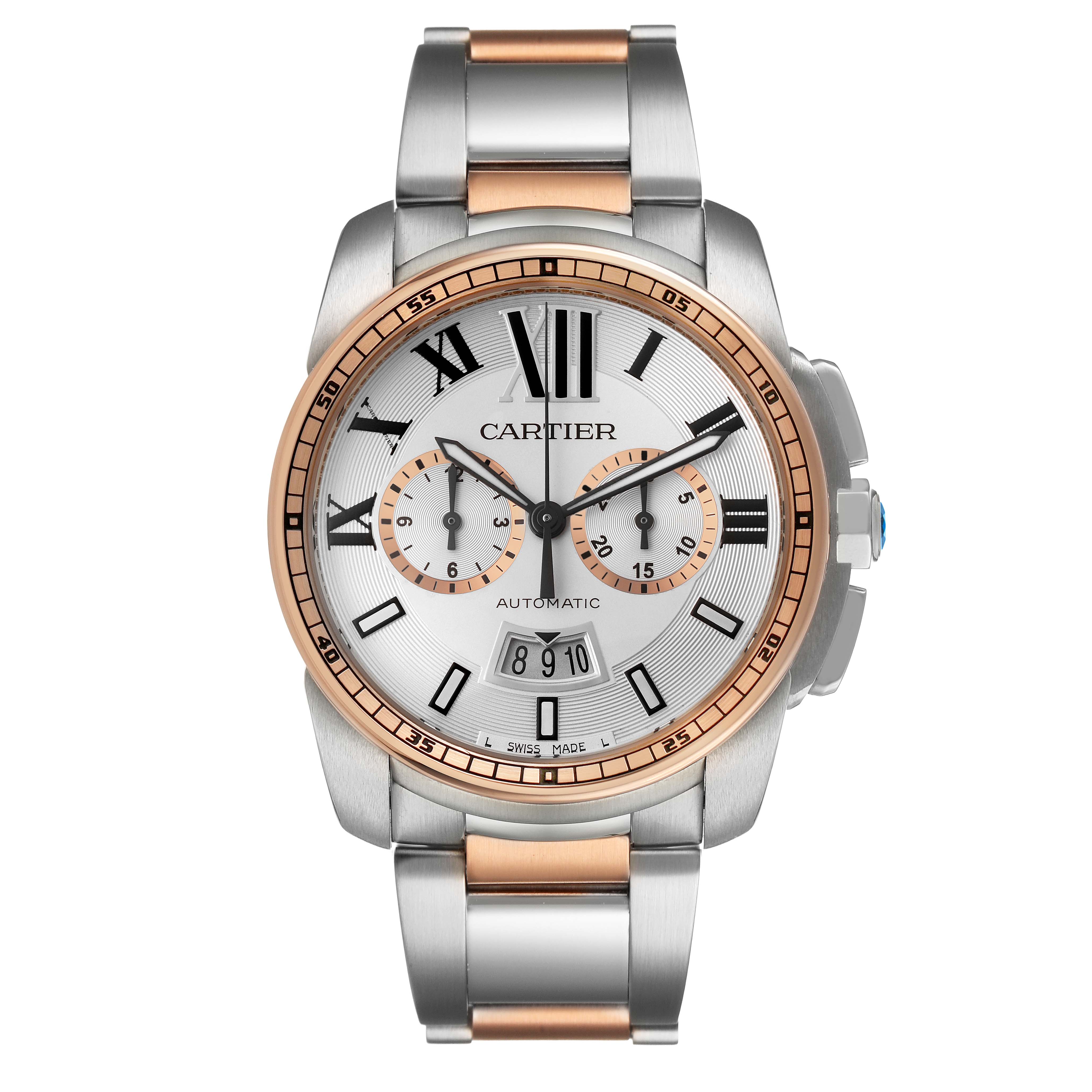 The image shows a front view of a Calibre de Cartier watch by Cartier, highlighting its dial, bezel, and bracelet.