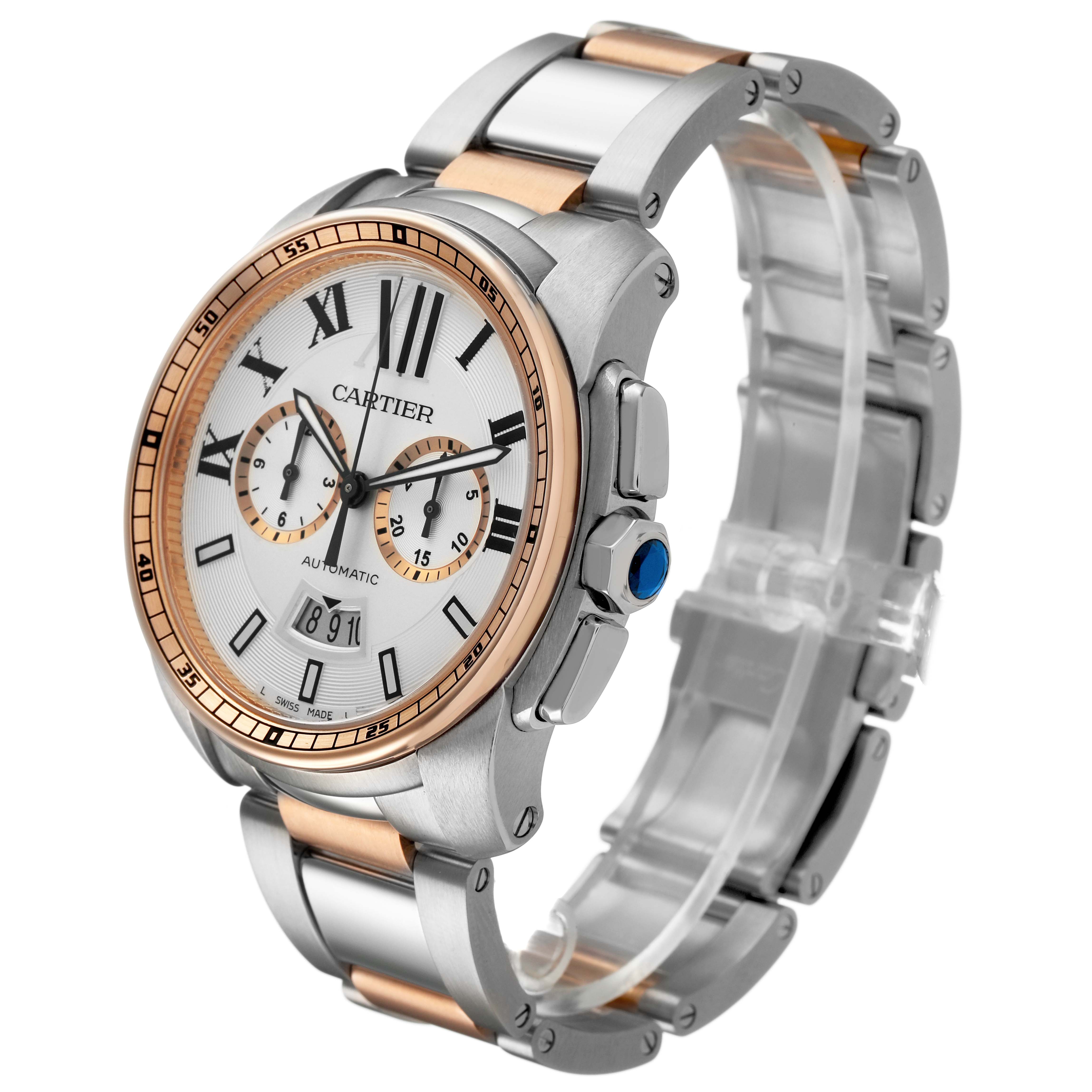 The Calibre de Cartier watch is shown at a three-quarter angle, highlighting its bezel, dial, and metal bracelet.