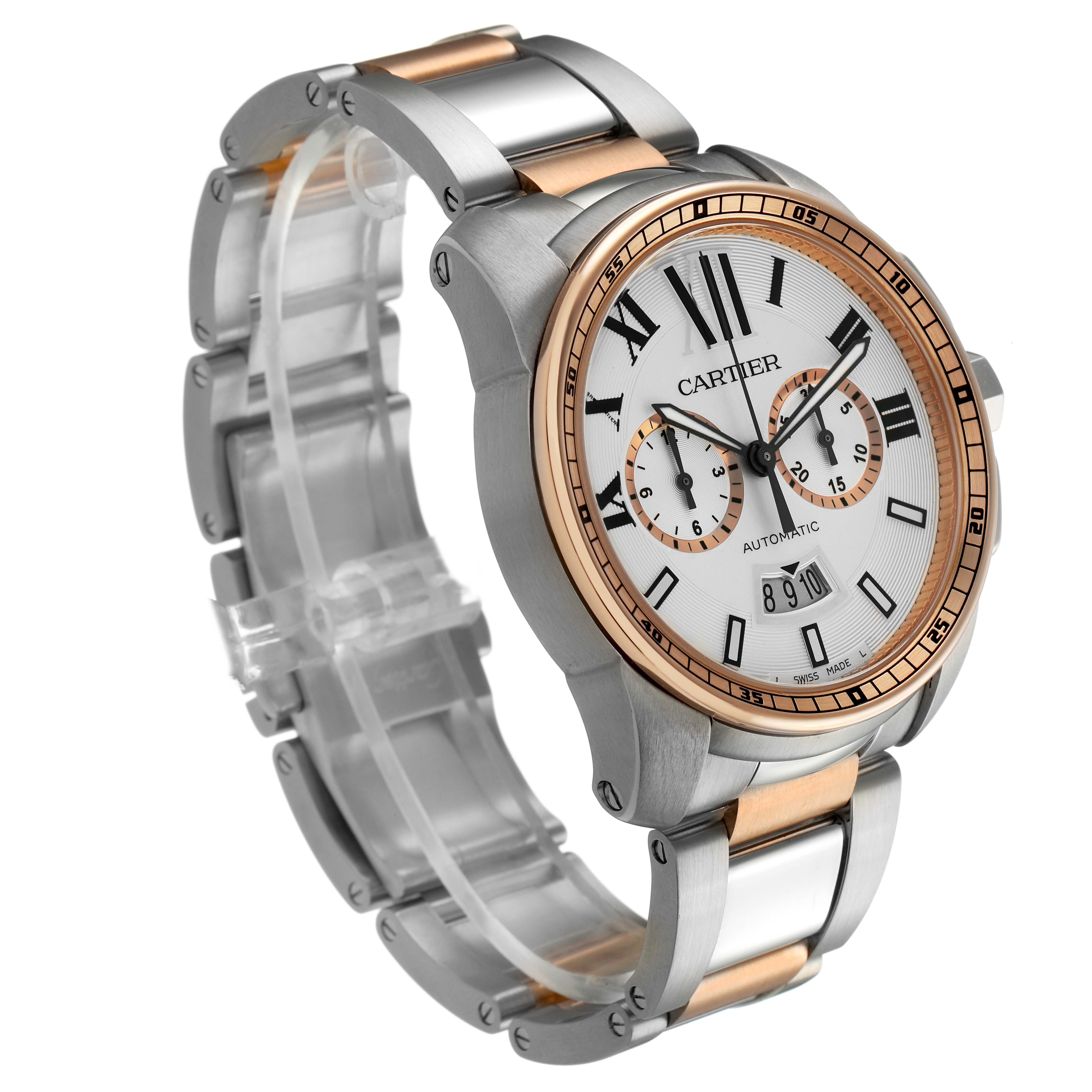 The Calibre de Cartier watch is shown at a three-quarter angle, highlighting the case, dial, and bracelet.