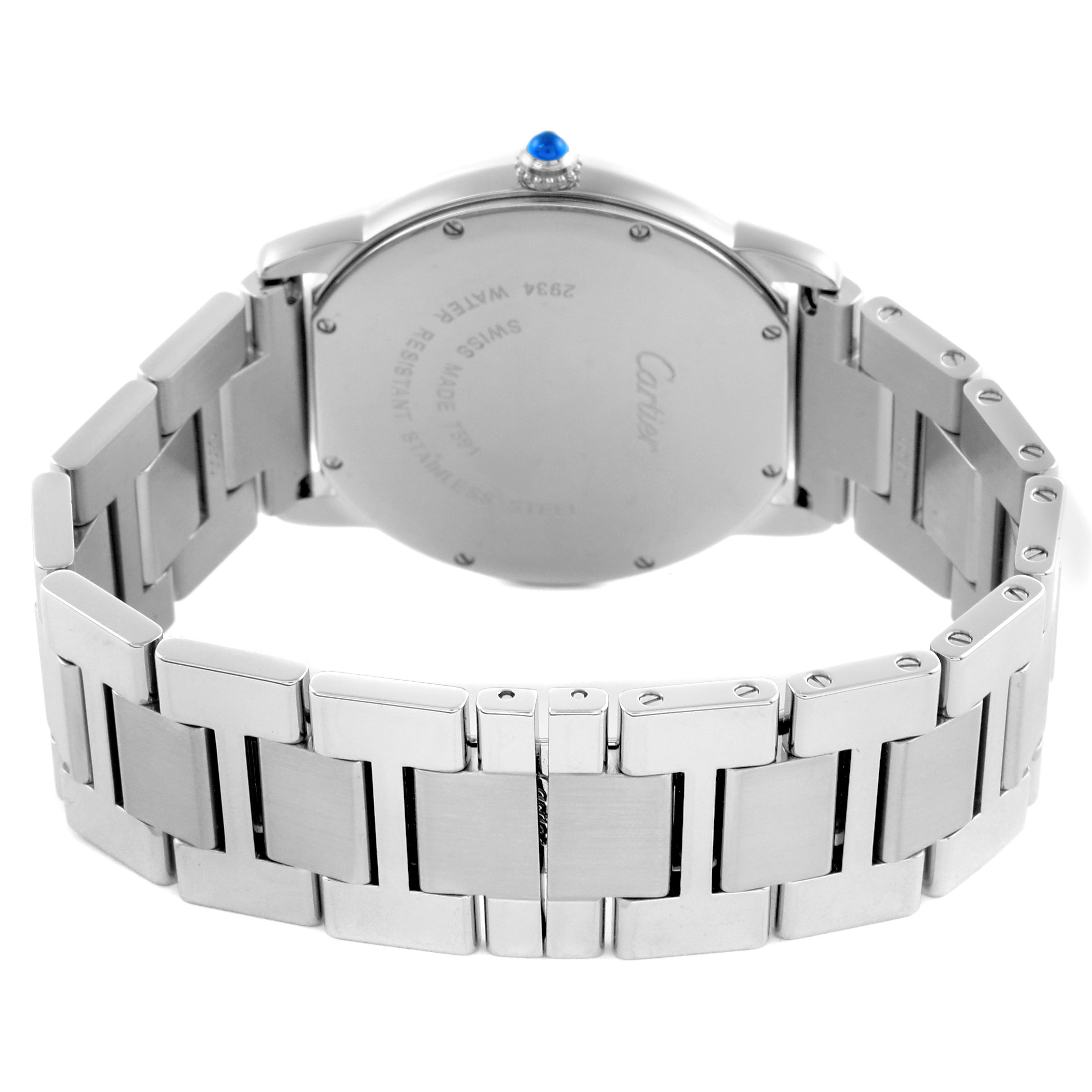 The image shows the back view of a Cartier Ronde W6701005 Men
s Stainless Steel Silver Dial W6701005 Men
s Stainless Steel Silver Dial watch, focusing on its stainless steel case and bracelet.