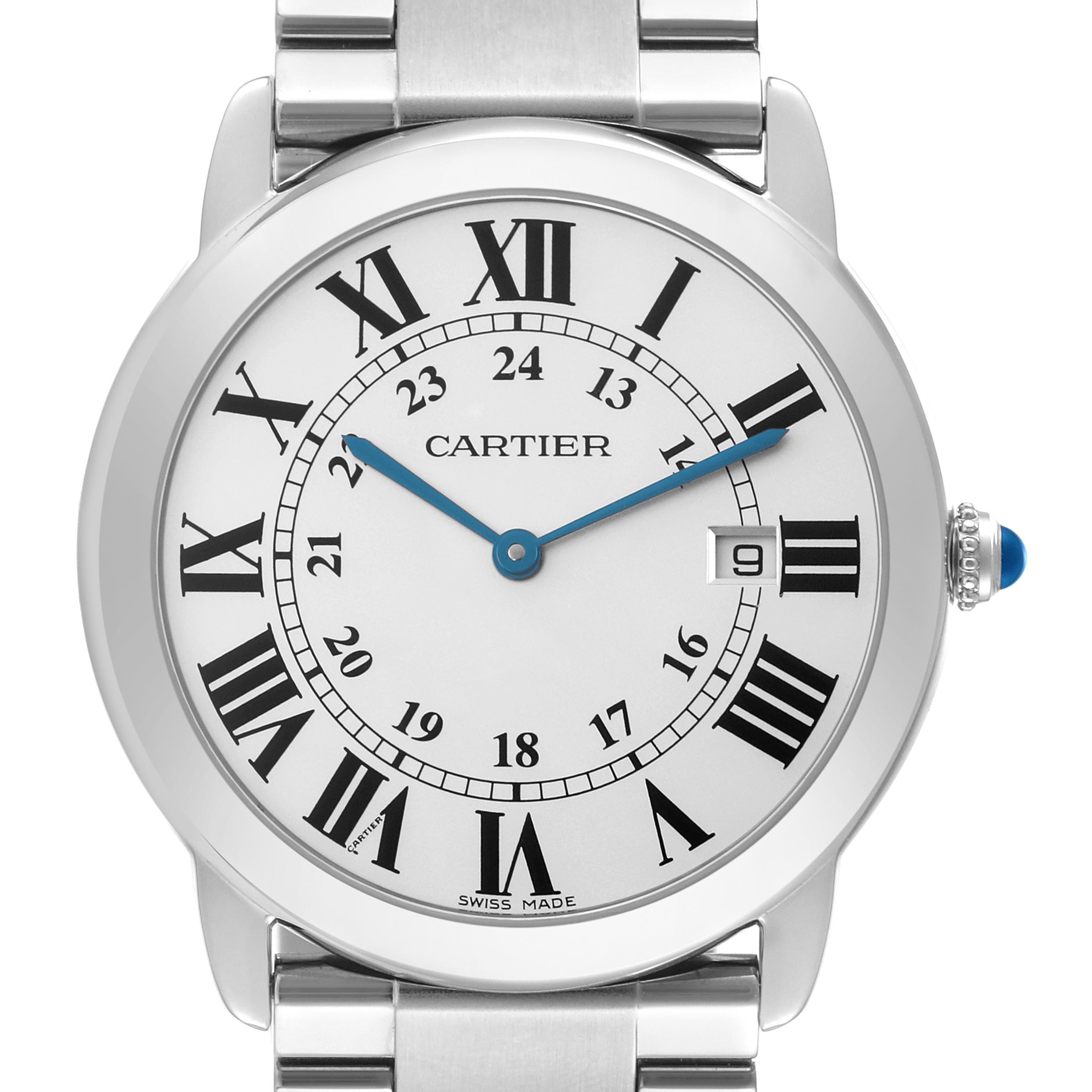 The Cartier Ronde W6701005 Men
s Stainless Steel Silver Dial W6701005 Men
s Stainless Steel Silver Dial watch is shown from the front, displaying its dial, Roman numerals, date window, and crown.