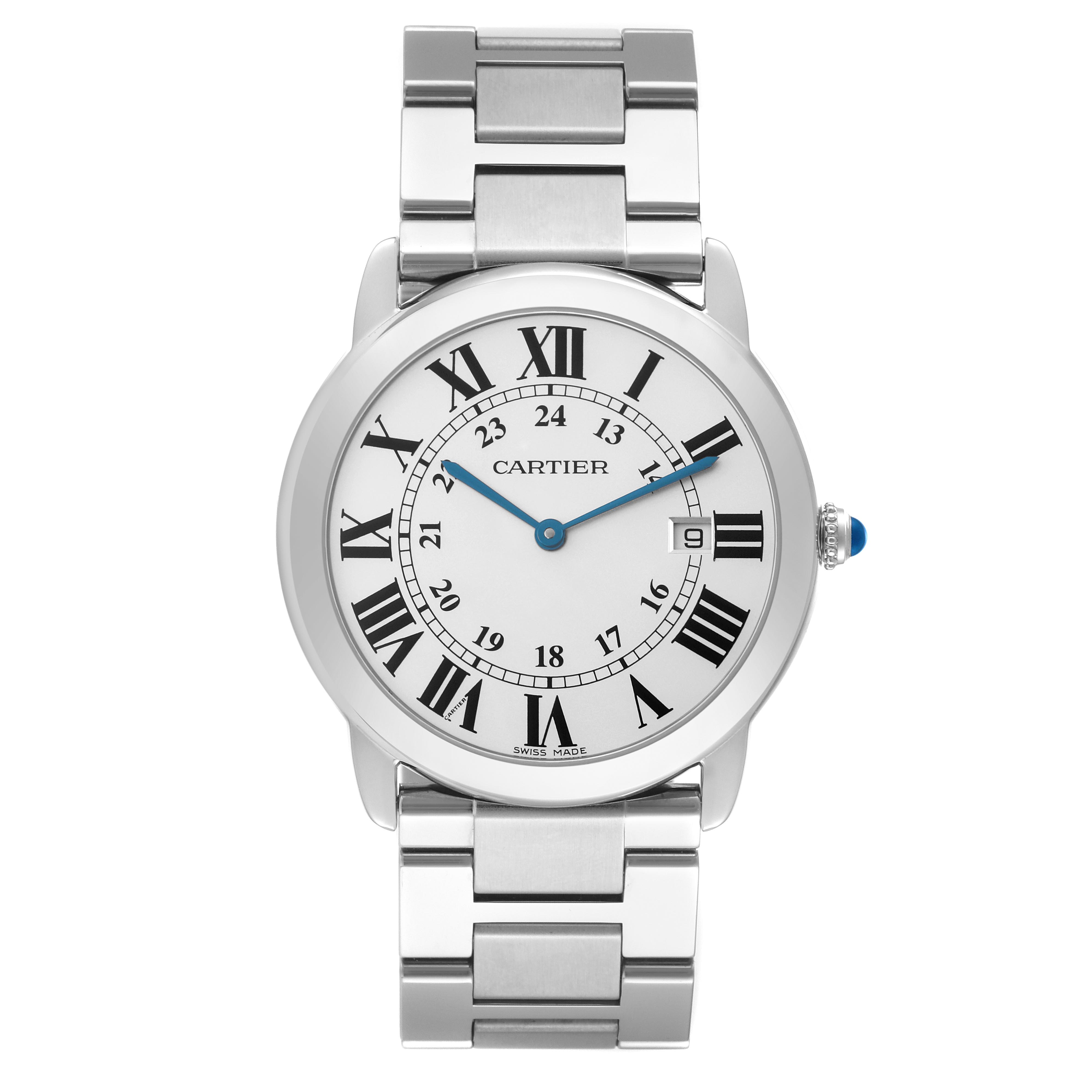 The Ronde model by Cartier is shown from a front view, displaying the dial, Roman numerals, blue hands, date window, and metal bracelet.