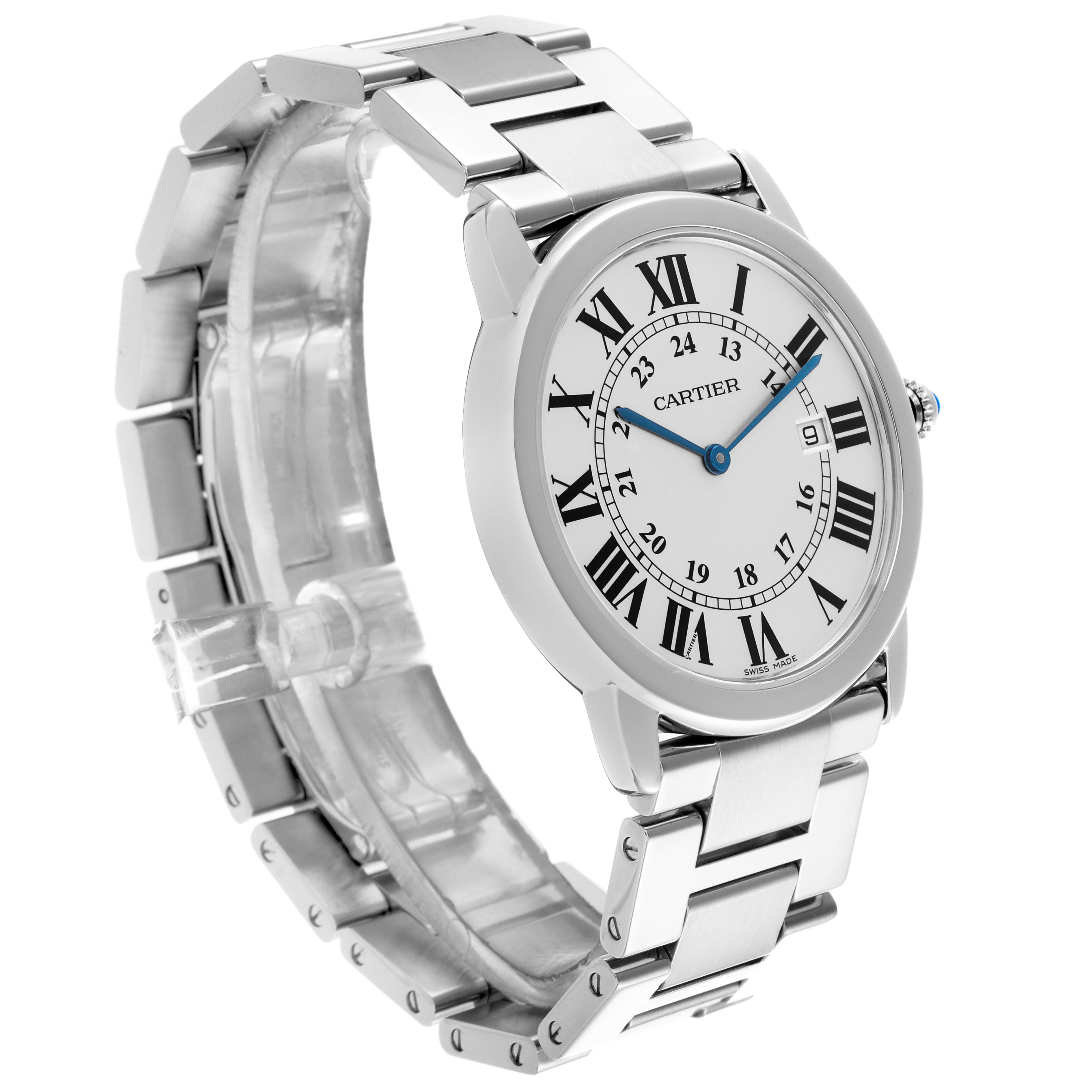 The Cartier Ronde W6701005 Men
s Stainless Steel Silver Dial W6701005 Men
s Stainless Steel Silver Dial watch is shown at a three-quarter angle, highlighting the face, bracelet, and side crown.