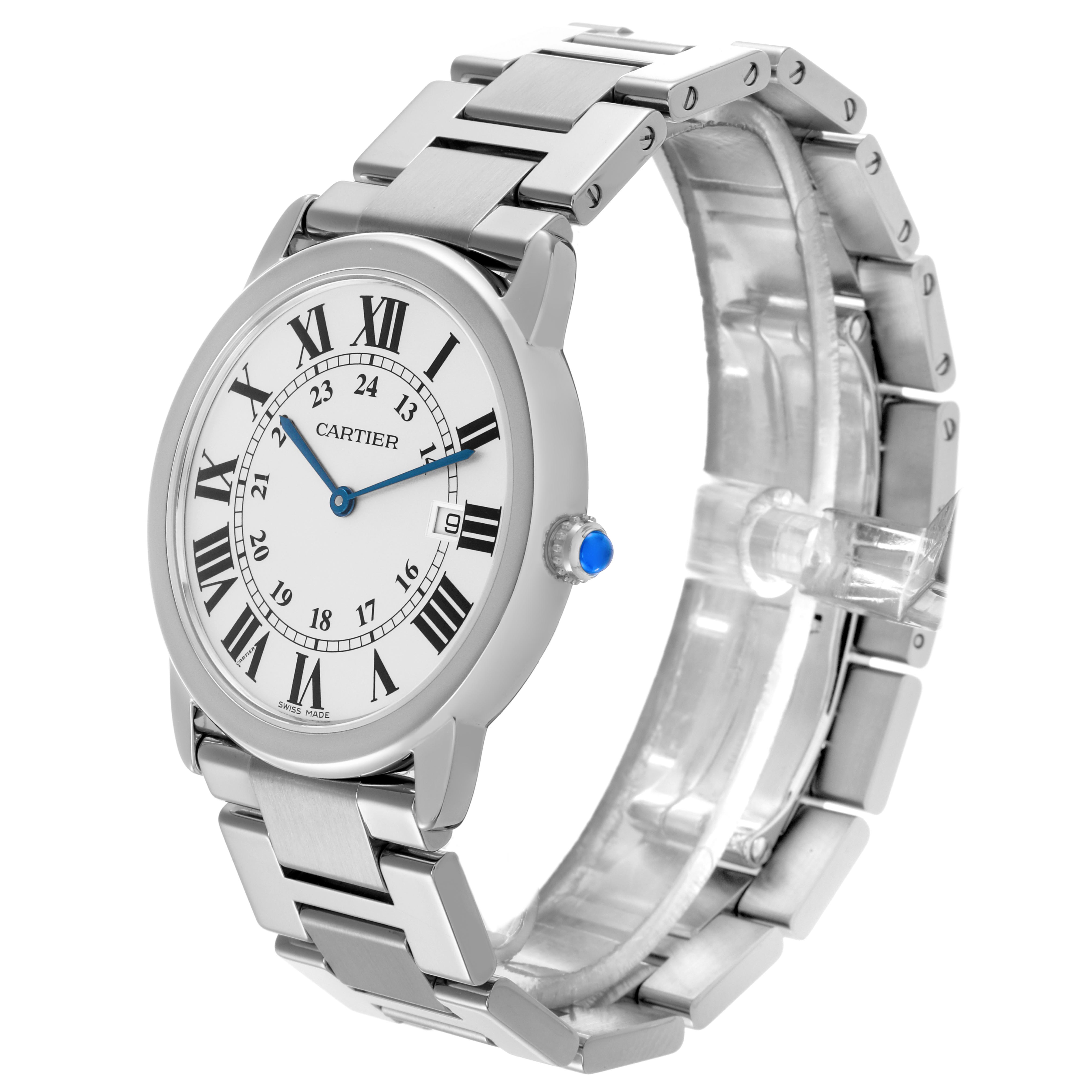The Cartier Ronde W6701005 Men
s Stainless Steel Silver Dial W6701005 Men
s Stainless Steel Silver Dial watch is shown at a three-quarter angle, highlighting the face, bezel, crown with a blue gemstone, and bracelet.