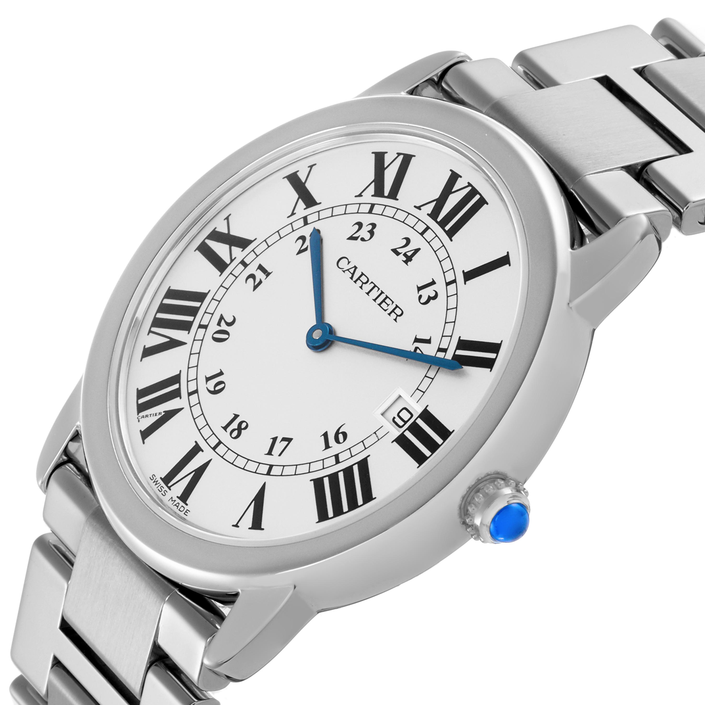 The Cartier Ronde W6701005 Men
s Stainless Steel Silver Dial W6701005 Men
s Stainless Steel Silver Dial watch is shown at a tilted angle, displaying the face, Roman numerals, blue hands, crown, and part of the stainless steel bracelet.