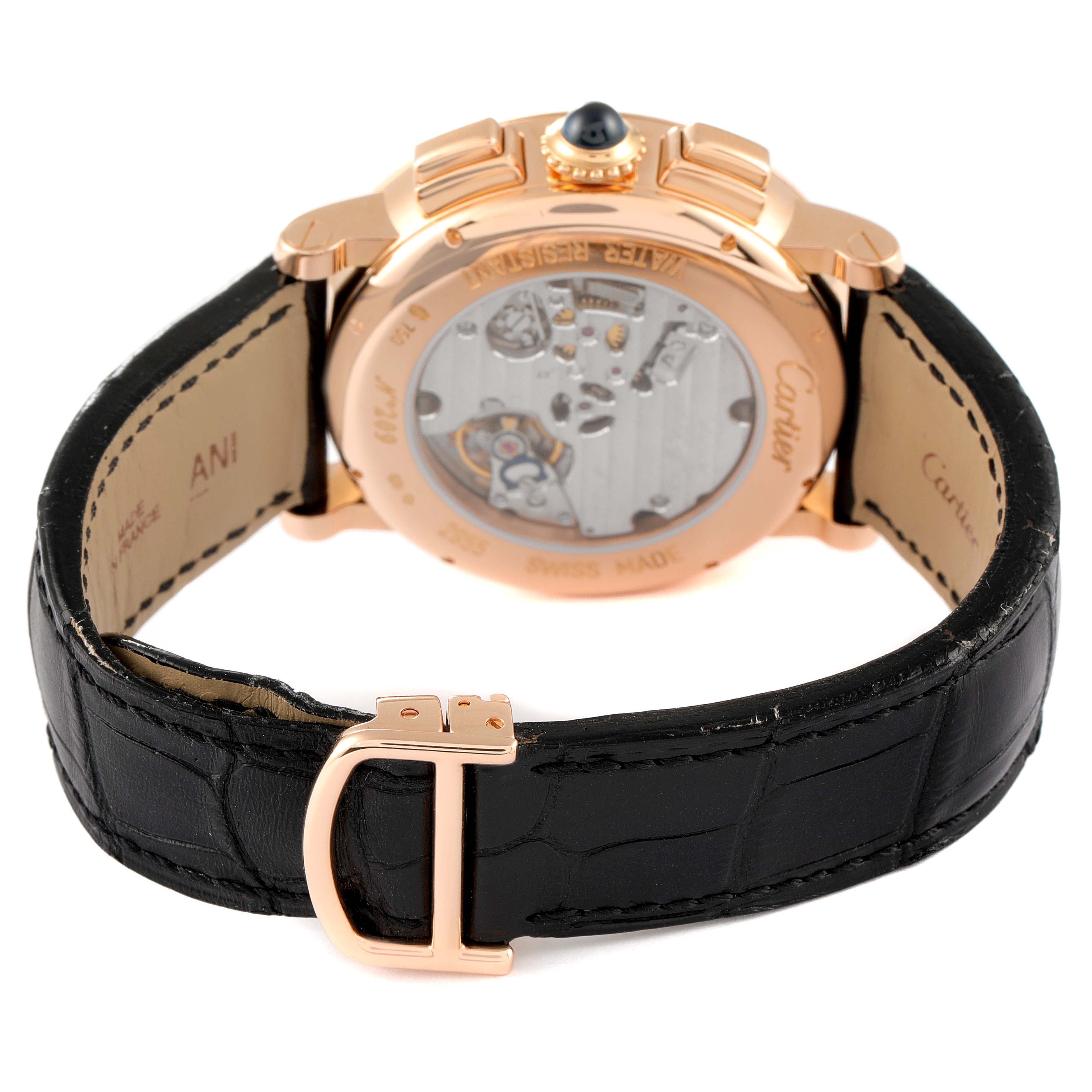 The image shows the back view of a Cartier Rotonde W1555951 Men's Rose Gold Grey Dial W1555951 Men's Rose Gold Grey Dial watch, highlighting its rear casing and leather strap.