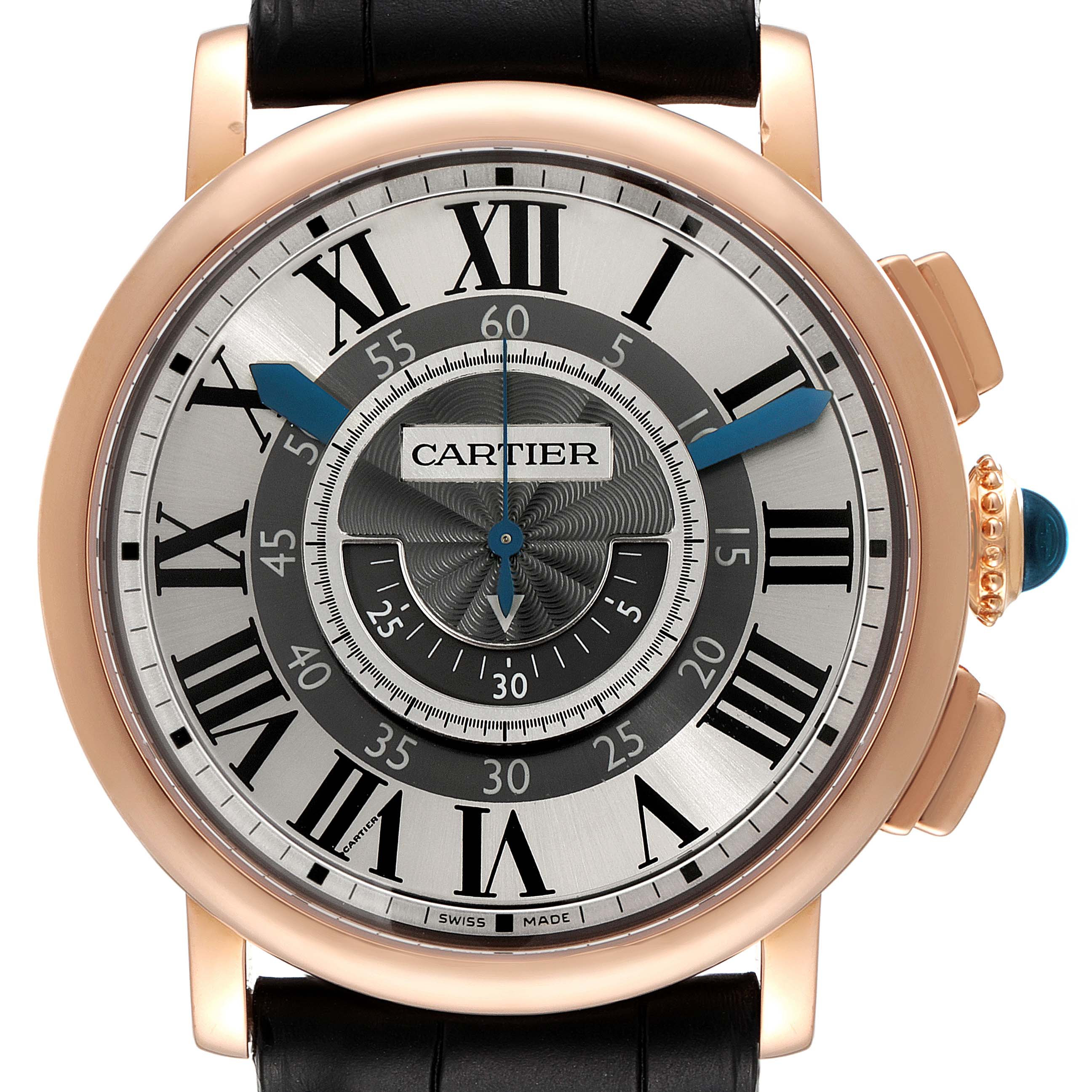 This image shows a straight-on view of the Rotonde de Cartier watch, displaying its face, Roman numeral indices, hands, and crown.