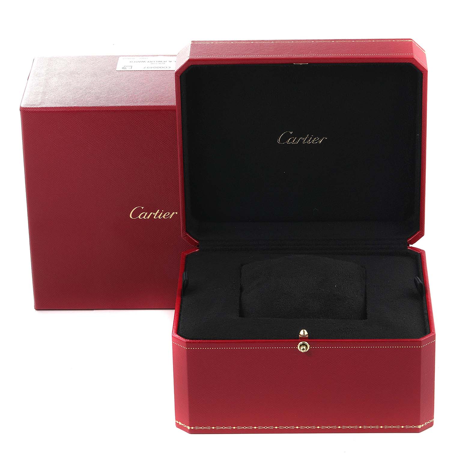 The image shows an open, empty red Cartier watch box and its outer box for a Rotonde model.