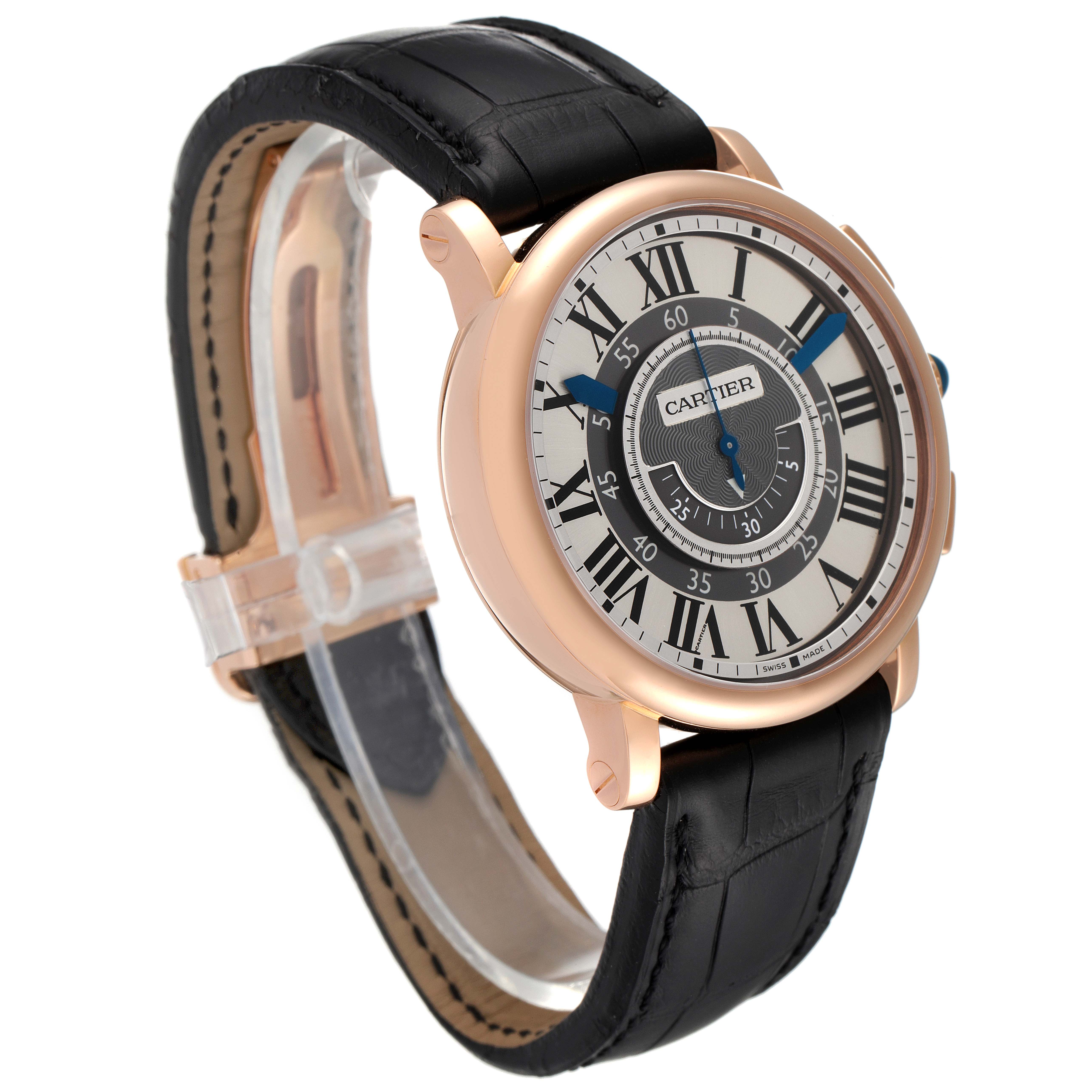 The image shows a Rotonde model by Cartier at an angled side view, highlighting its face, dial, and black leather strap.