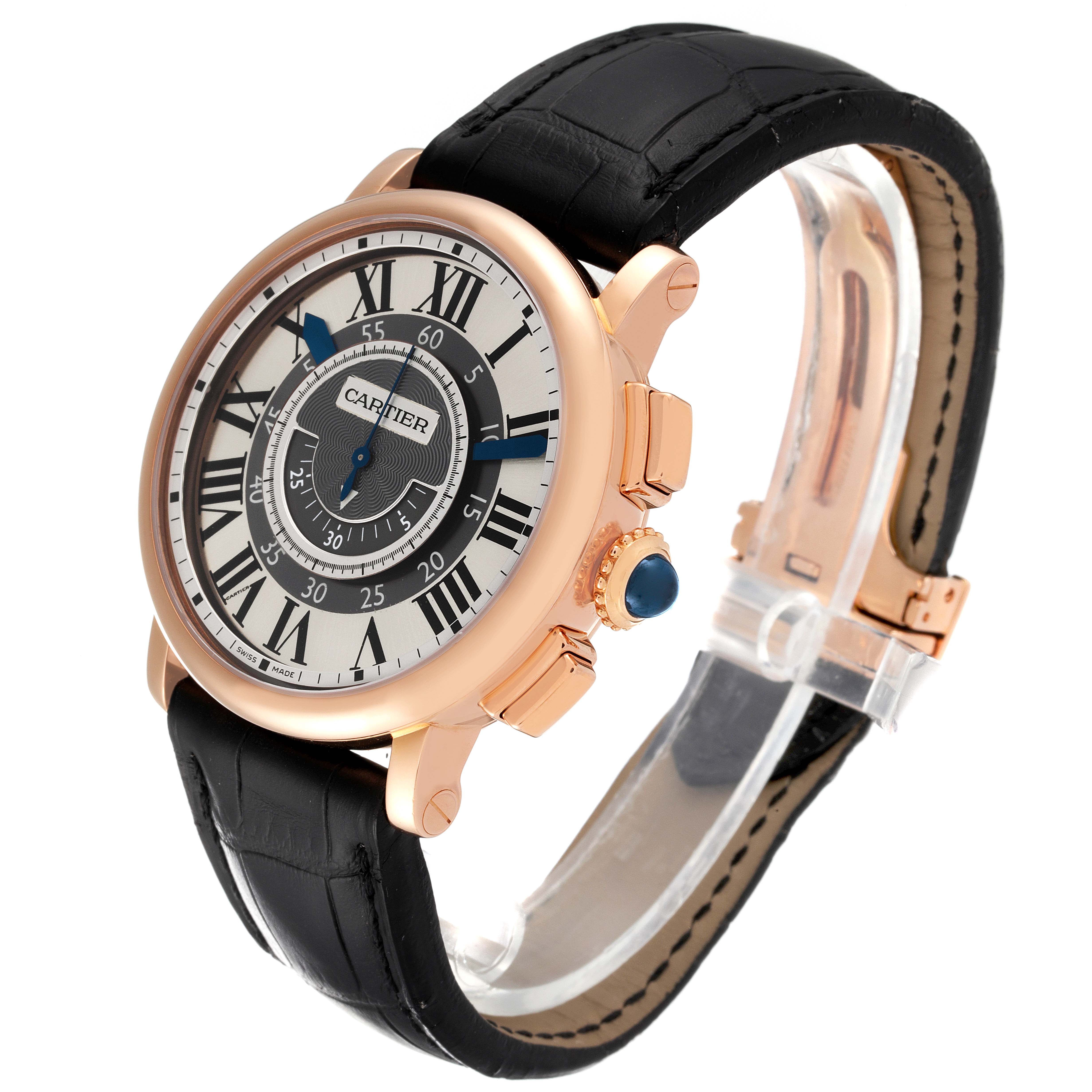 The image shows a Cartier Rotonde W1555951 Men's Rose Gold Grey Dial W1555951 Men's Rose Gold Grey Dial watch at an angled view, highlighting its face, crown, and black leather strap.