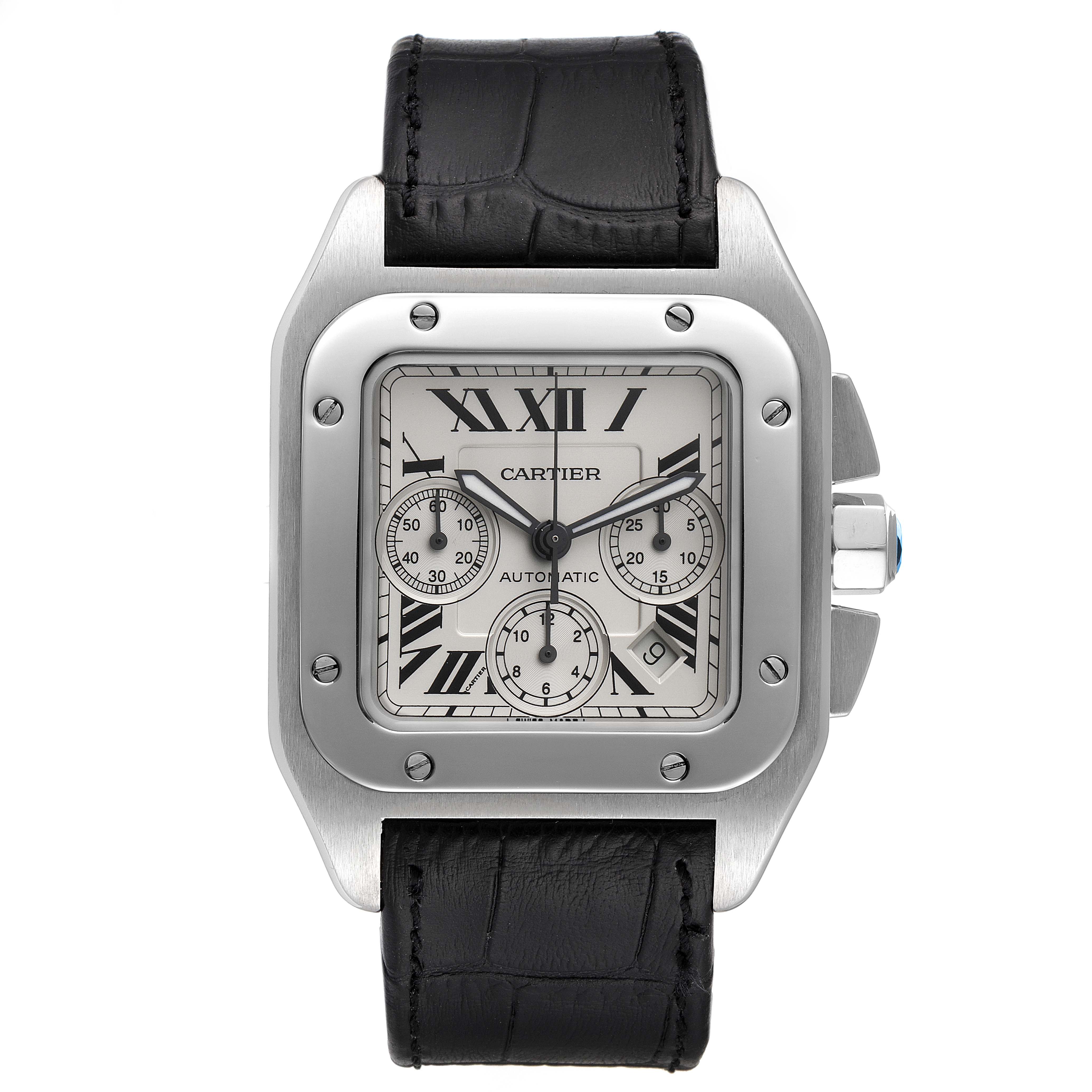 The image shows a front view of a Cartier Santos W20090X8 Men
s Stainless Steel Silver Dial W20090X8 Men
s Stainless Steel Silver Dial watch, displaying the face, bezel, and strap.