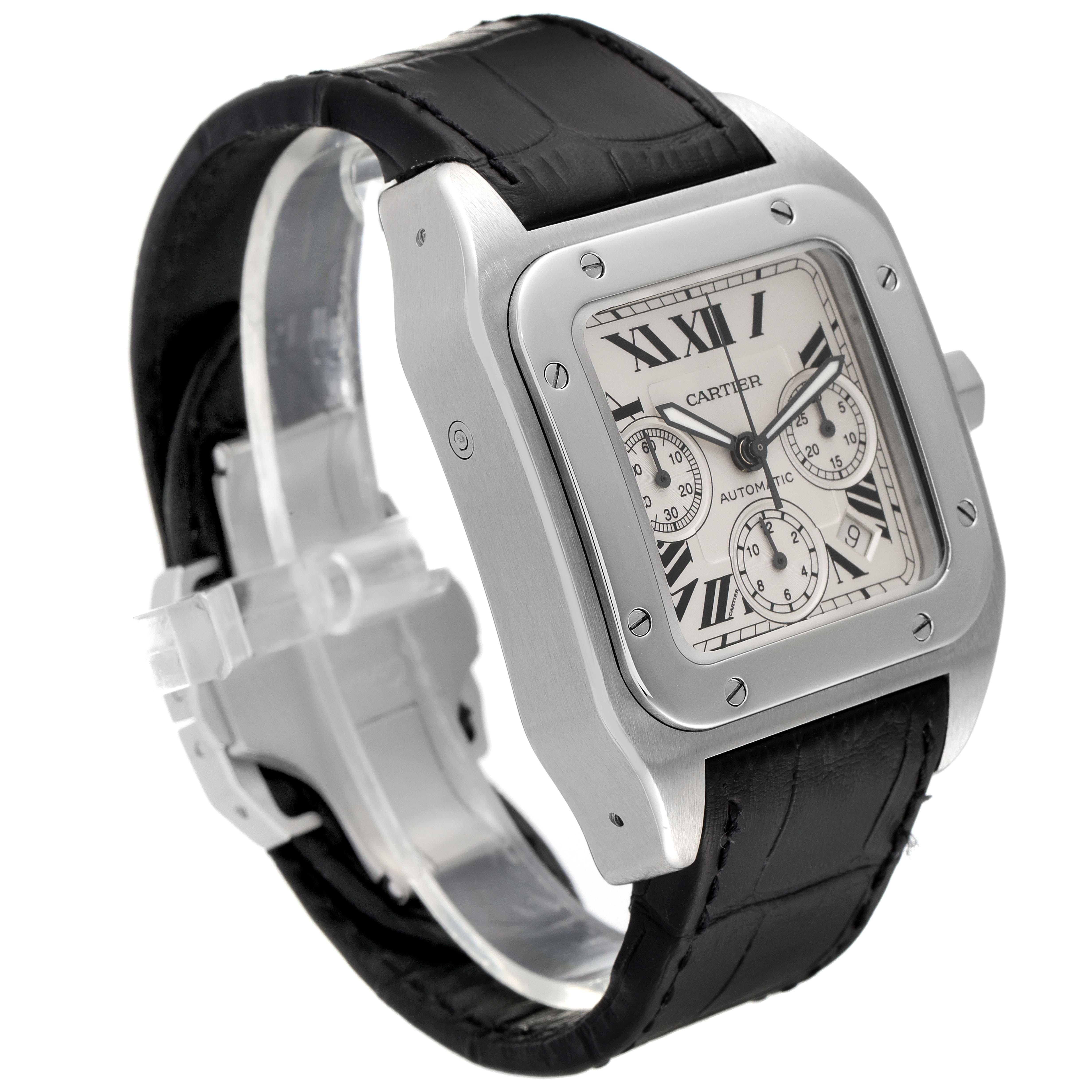 The image shows a side angle of a Cartier Santos W20090X8 Men
s Stainless Steel Silver Dial W20090X8 Men
s Stainless Steel Silver Dial watch, revealing the case, dial, strap, and crown.