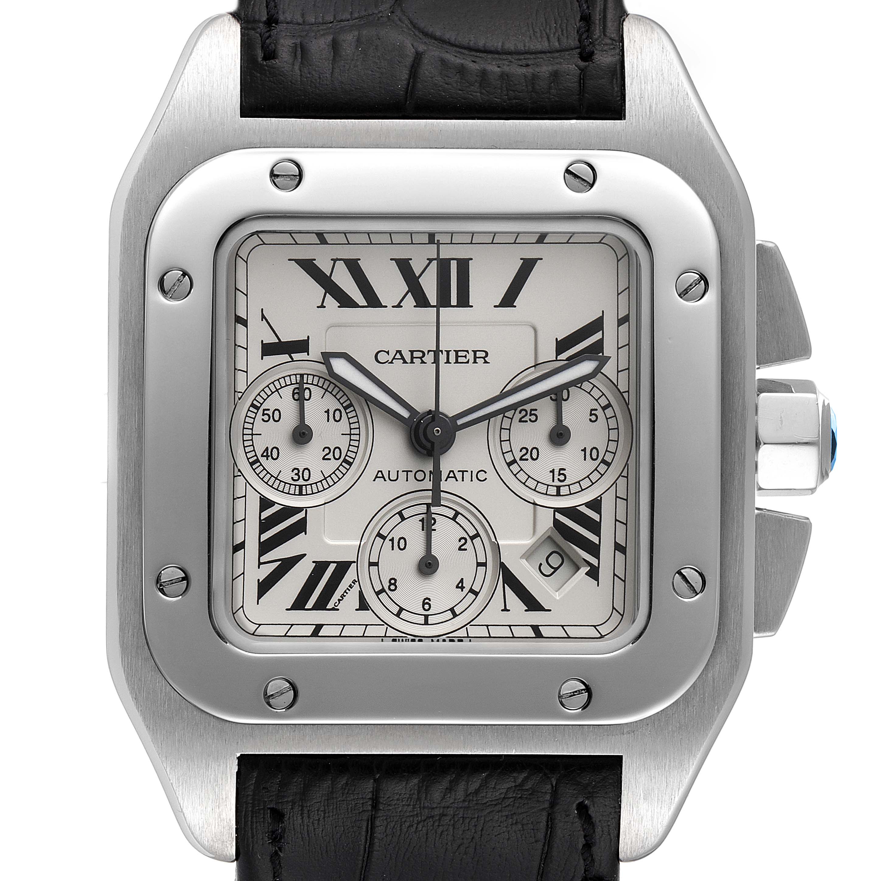 This image shows a front view of a Cartier Santos W20090X8 Men
s Stainless Steel Silver Dial W20090X8 Men
s Stainless Steel Silver Dial watch, featuring a square face with Roman numerals, chronograph dials, and a black leather strap.
