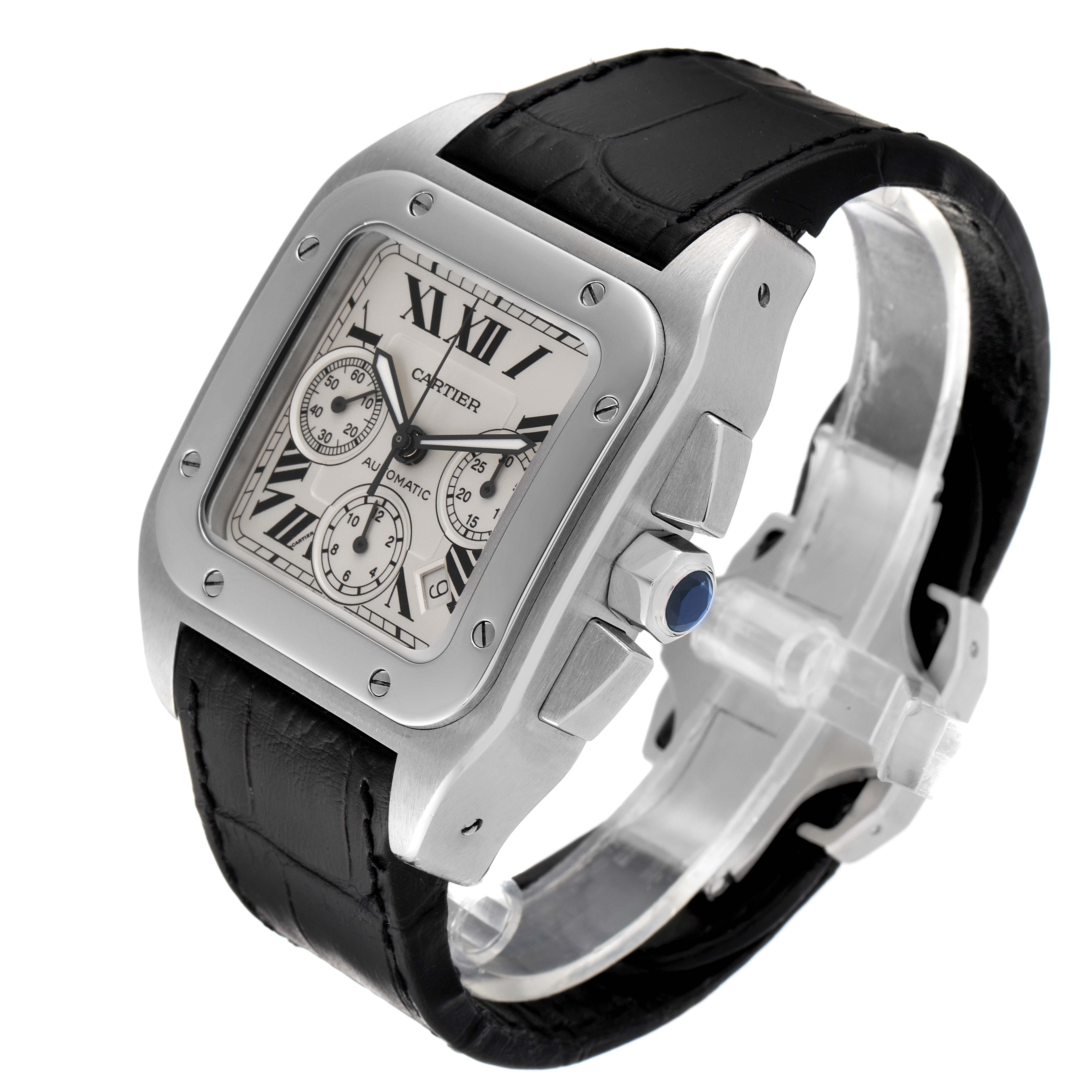 The image shows a Cartier Santos W20090X8 Men
s Stainless Steel Silver Dial W20090X8 Men
s Stainless Steel Silver Dial watch at an angle highlighting the face, bezel, crown with a blue gem, and black leather strap.