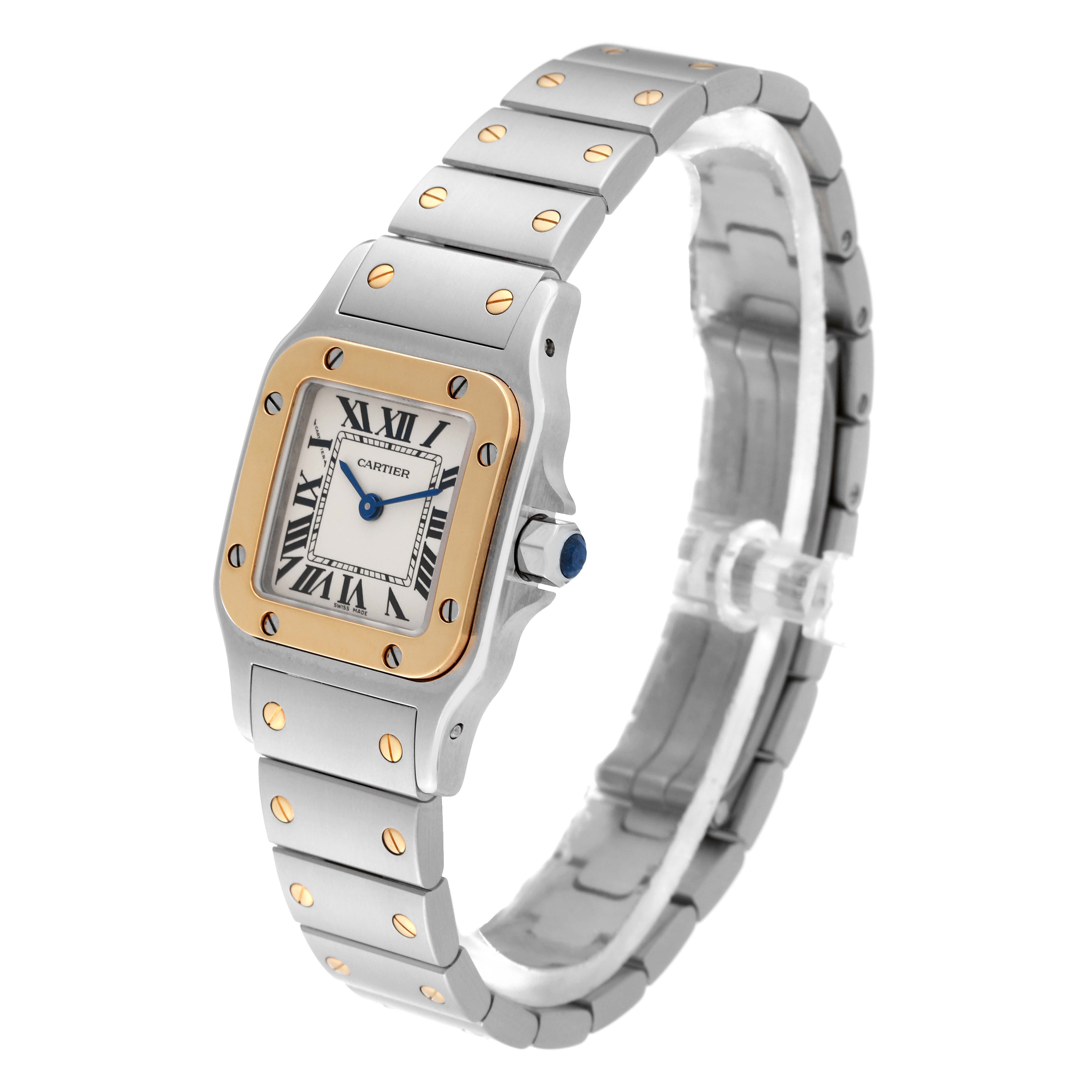 The image shows a Santos model Cartier watch from a side angle, displaying the face, bezel, bracelet, and crown.