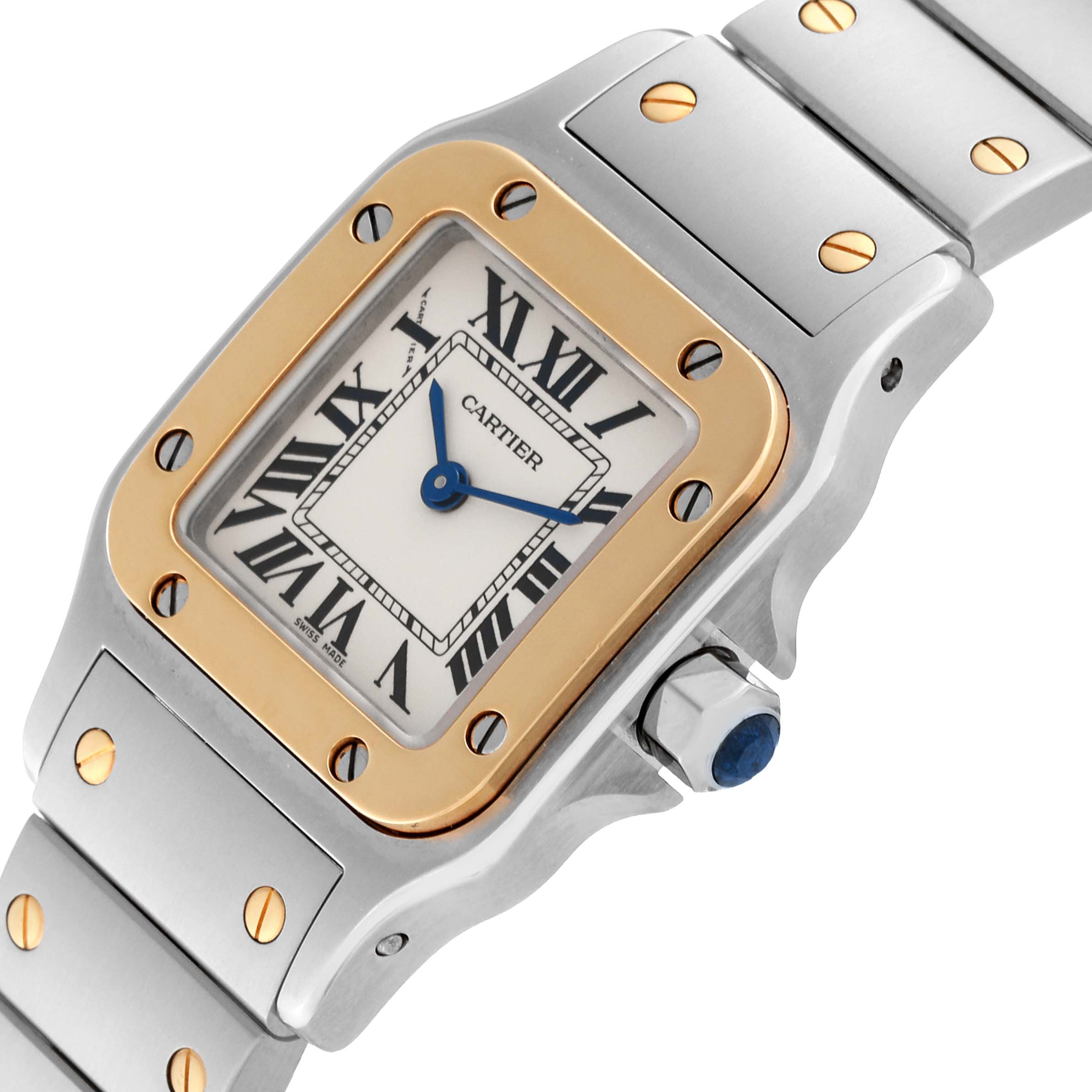 This image shows a close-up of the Cartier Santos W20012C4 Women's Steel and Gold (two tone) Silver Dial W20012C4 Women's Steel and Gold (two tone) Silver Dial watch, highlighting the face, bezel, and part of the bracelet.