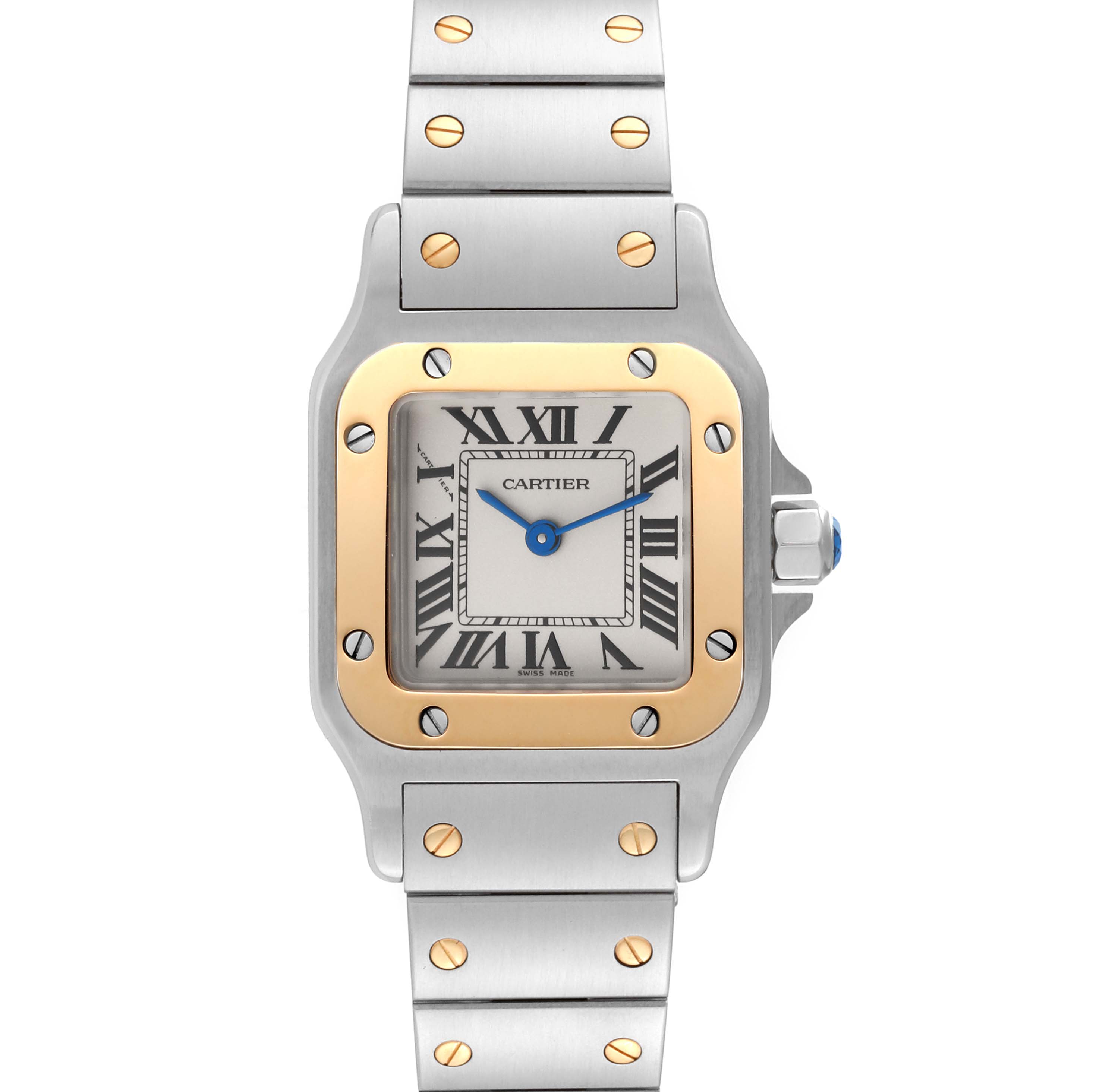The image shows a front view of the Santos by Cartier watch, displaying its dial, bezel, and bracelet.