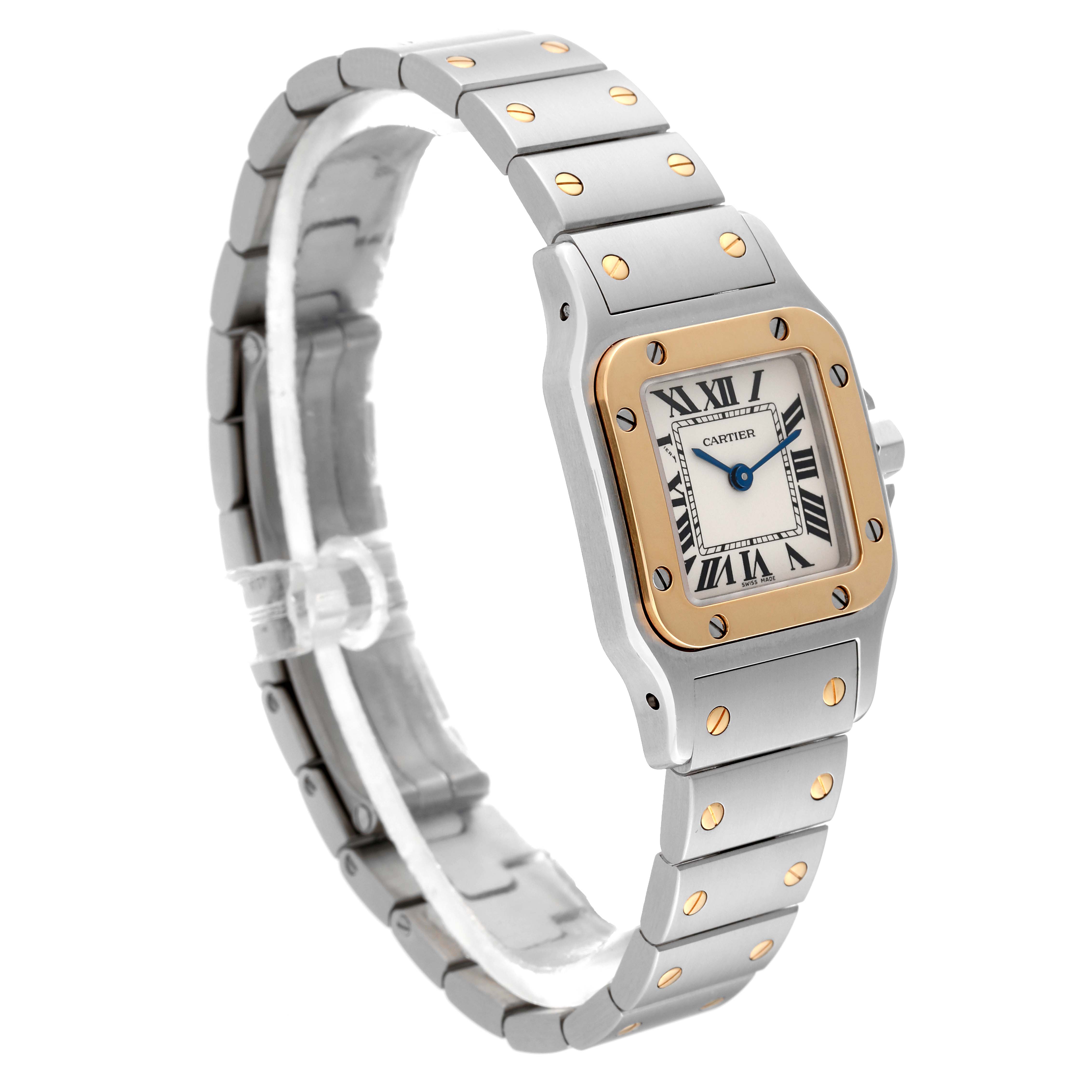 The image shows a Cartier Santos W20012C4 Women's Steel and Gold (two tone) Silver Dial W20012C4 Women's Steel and Gold (two tone) Silver Dial watch at a three-quarter angle, highlighting the bracelet, dial, case, and screws.