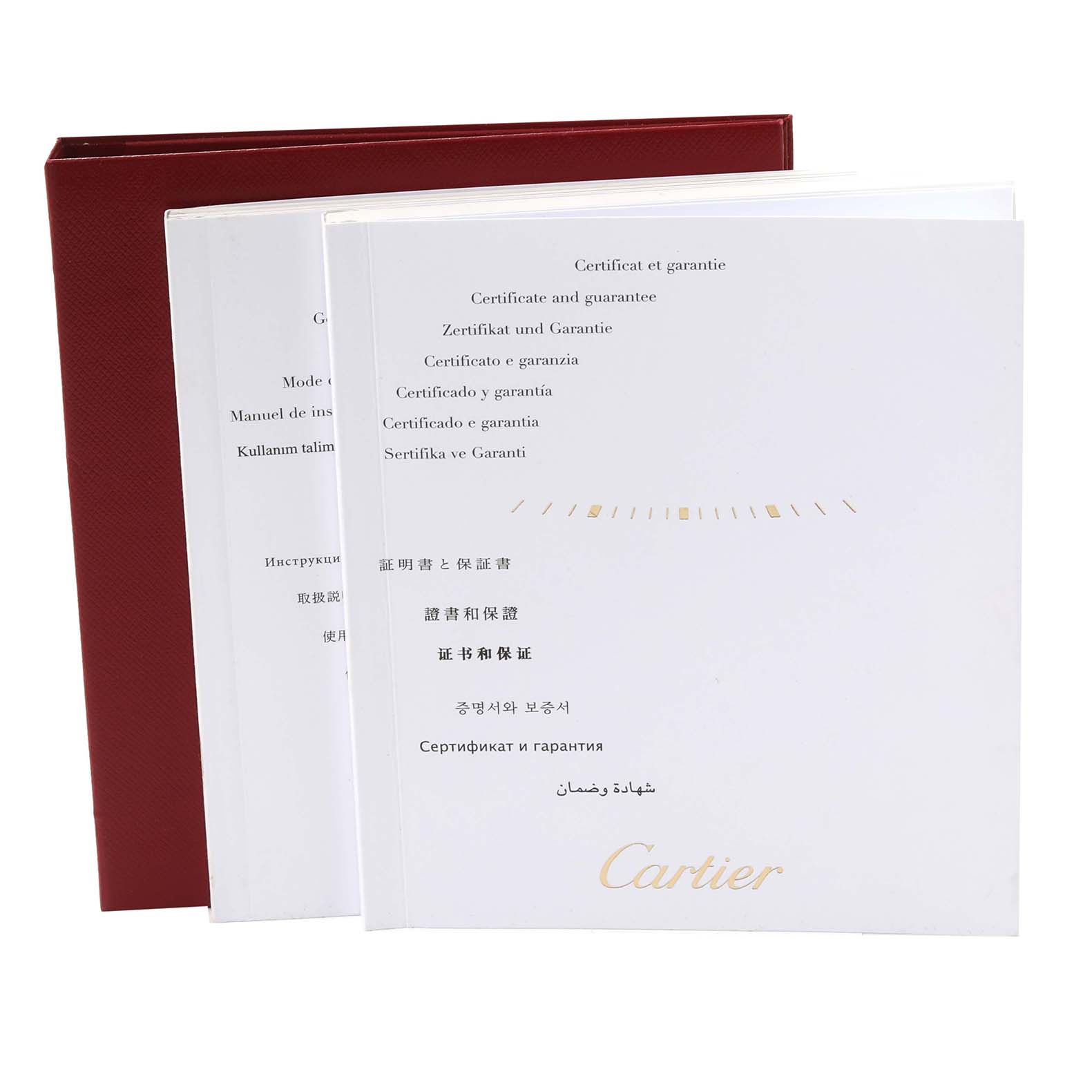 The image shows the manuals and guarantee certificates for a Cartier Santos W20012C4 Women's Steel and Gold (two tone) Silver Dial W20012C4 Women's Steel and Gold (two tone) Silver Dial watch, positioned standing and slightly fanned out.