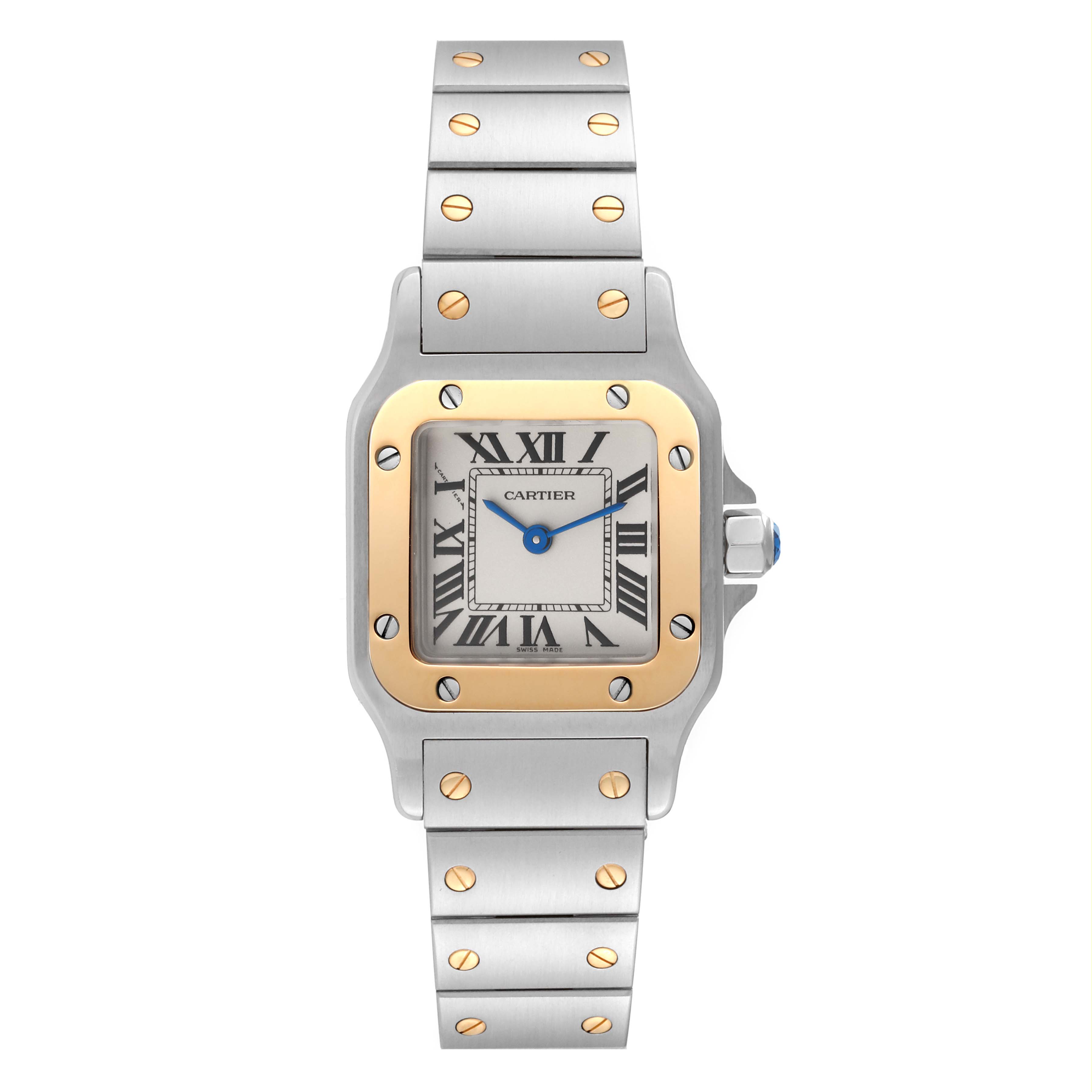 The Cartier Santos W20012C4 Women's Steel and Gold (two tone) Silver Dial W20012C4 Women's Steel and Gold (two tone) Silver Dial watch is shown from the front, displaying the face, bezel, crown, and part of the metal bracelet.