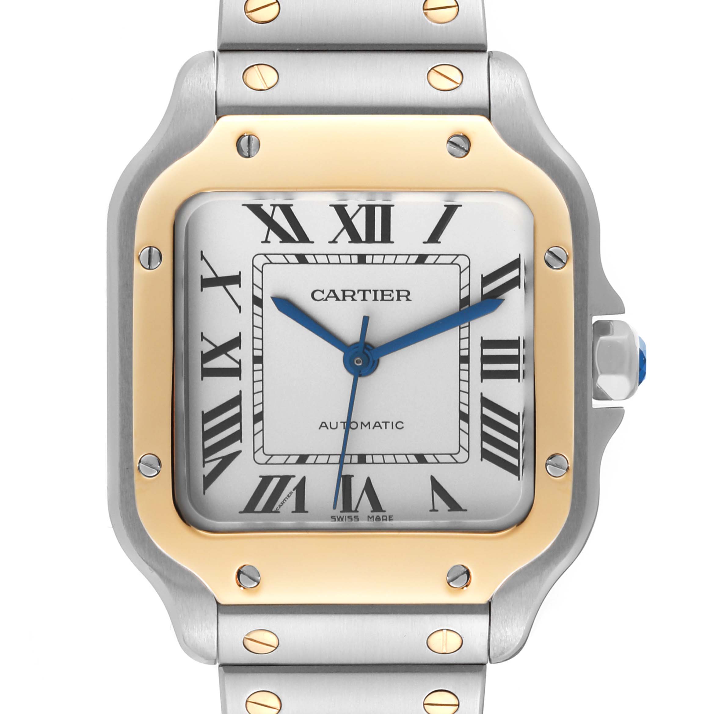 This image shows a frontal close-up view of the dial and bezel of a Cartier Santos W2SA0007 Men's Steel and Gold (two tone) Silver Dial W2SA0007 Men's Steel and Gold (two tone) Silver Dial watch.
