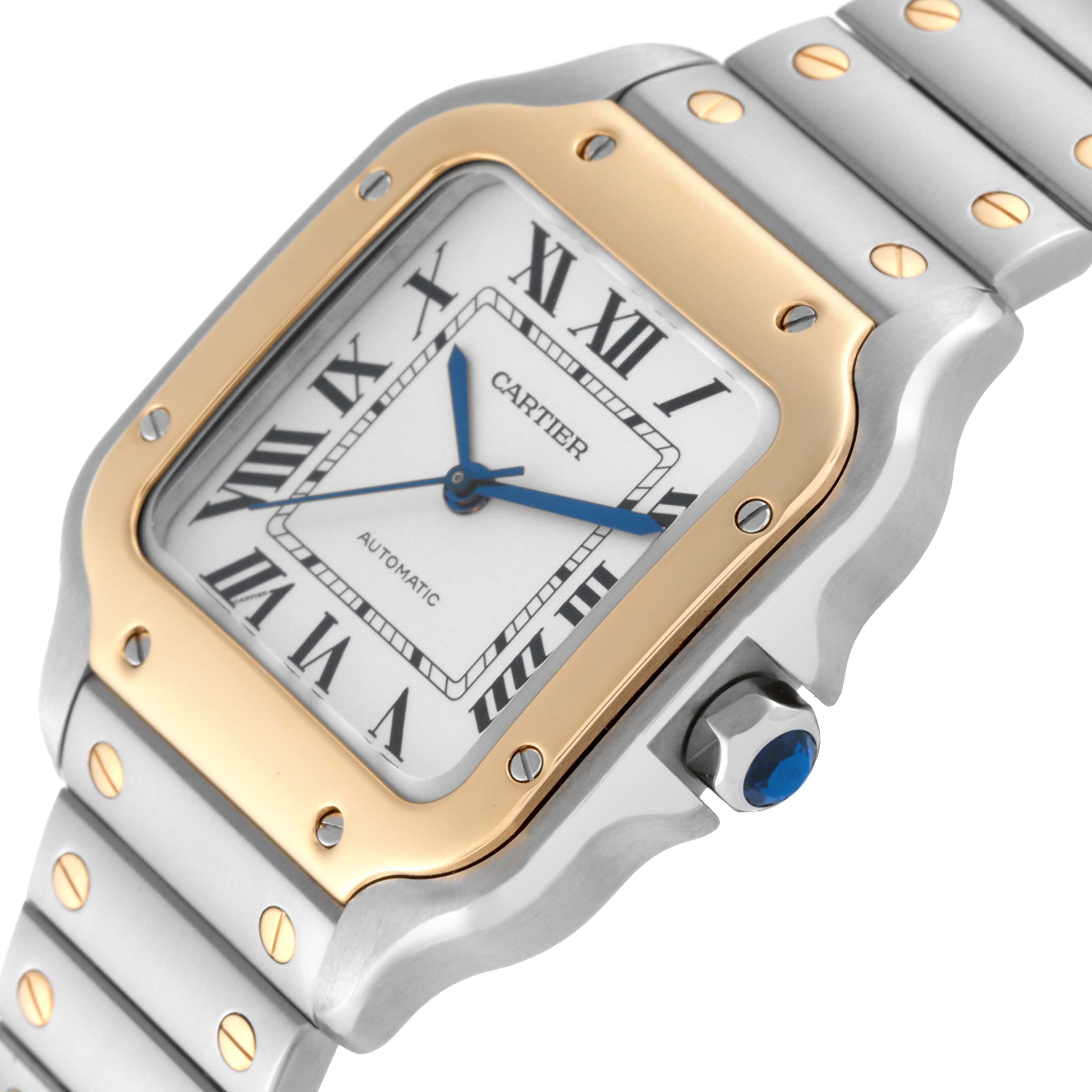 The image shows a close-up of the Cartier Santos W2SA0007 Men's Steel and Gold (two tone) Silver Dial W2SA0007 Men's Steel and Gold (two tone) Silver Dial watch face and part of the bracelet, viewed from an angle.