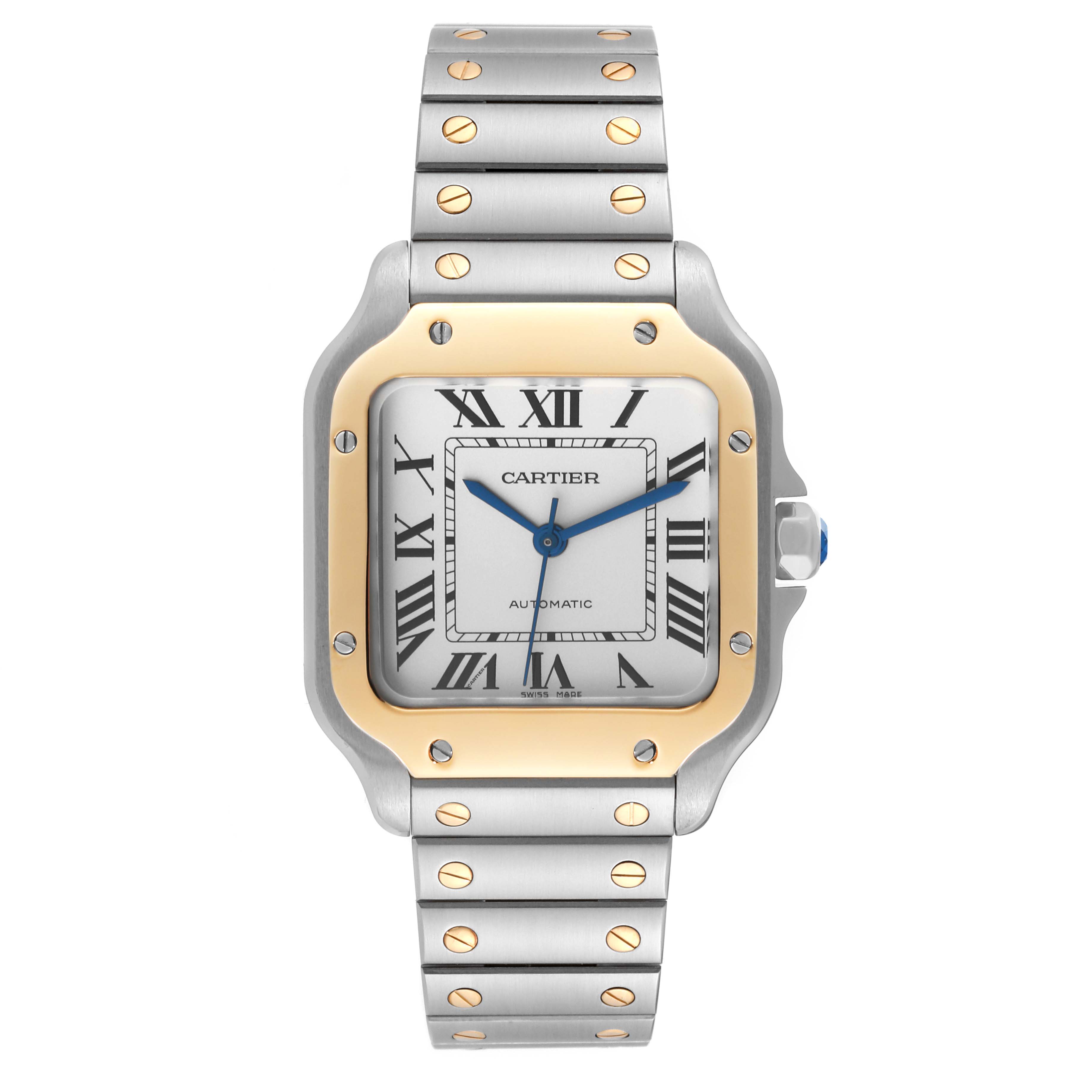 This image shows a Cartier Santos W2SA0007 Men's Steel and Gold (two tone) Silver Dial W2SA0007 Men's Steel and Gold (two tone) Silver Dial watch from a front view, featuring its face, bezel, and bracelet.