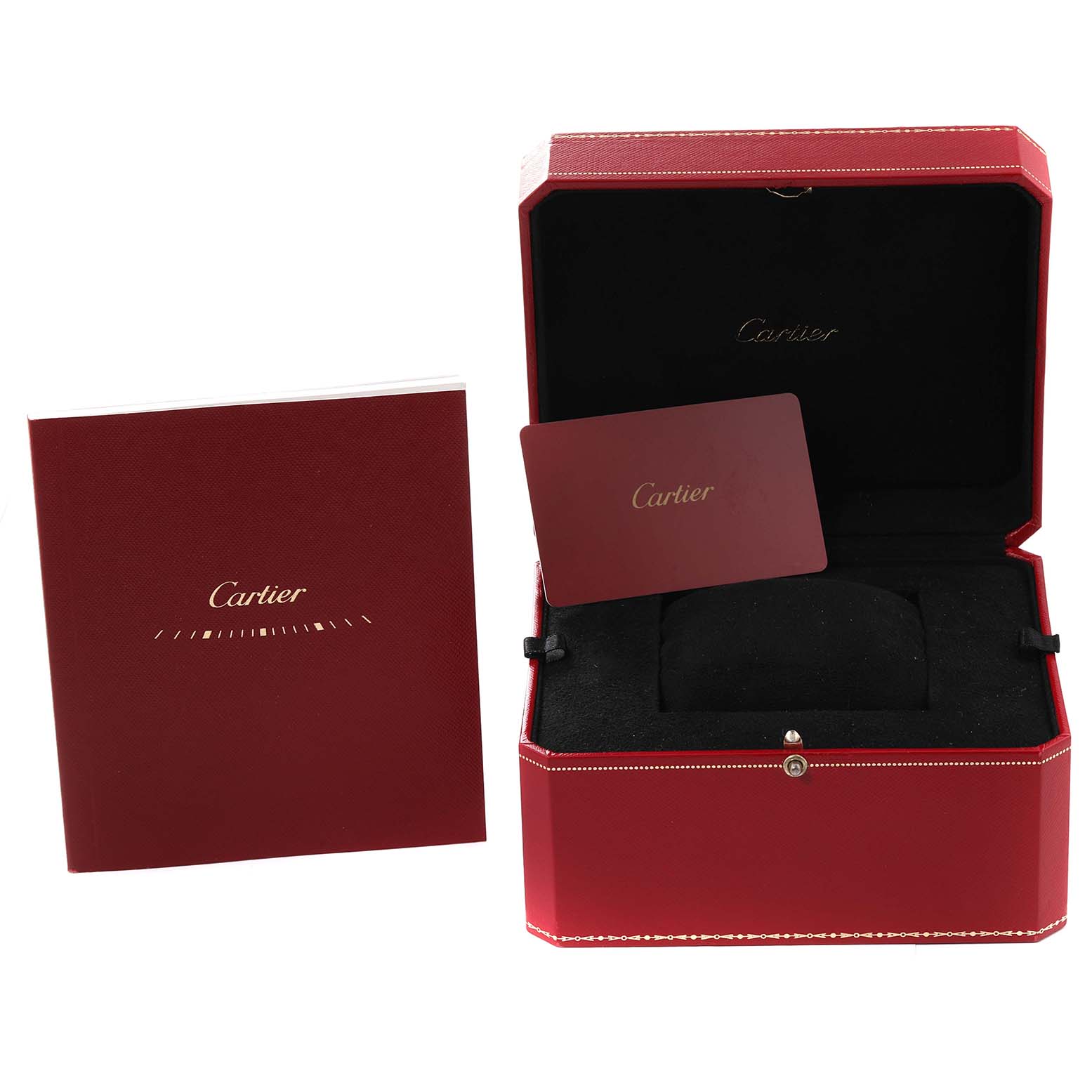 The image shows the red Cartier box, the manual, and card for the Santos model by Cartier.