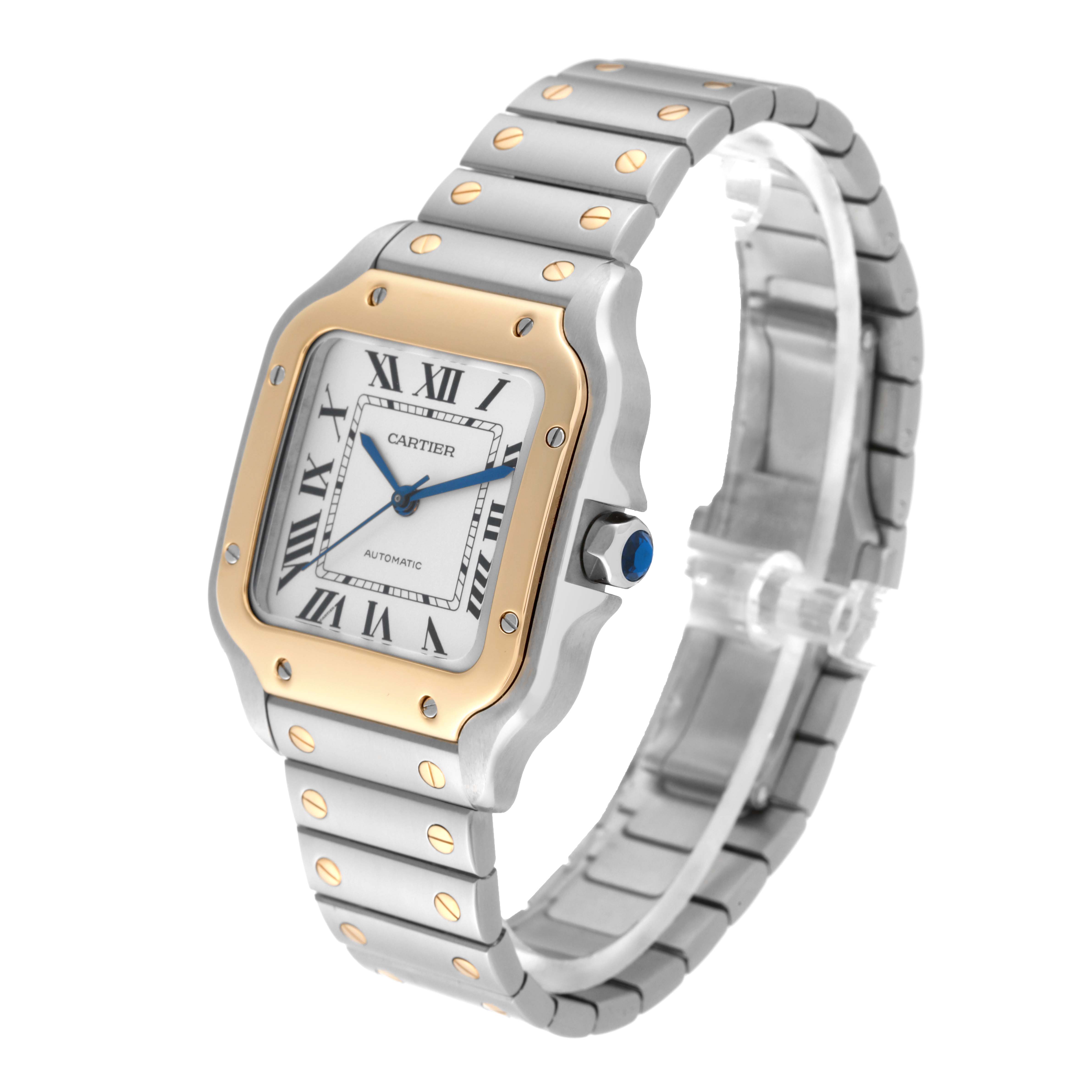 The Santos model by Cartier is shown at a three-quarter angle, displaying the watch face, bezel, bracelet, and crown.