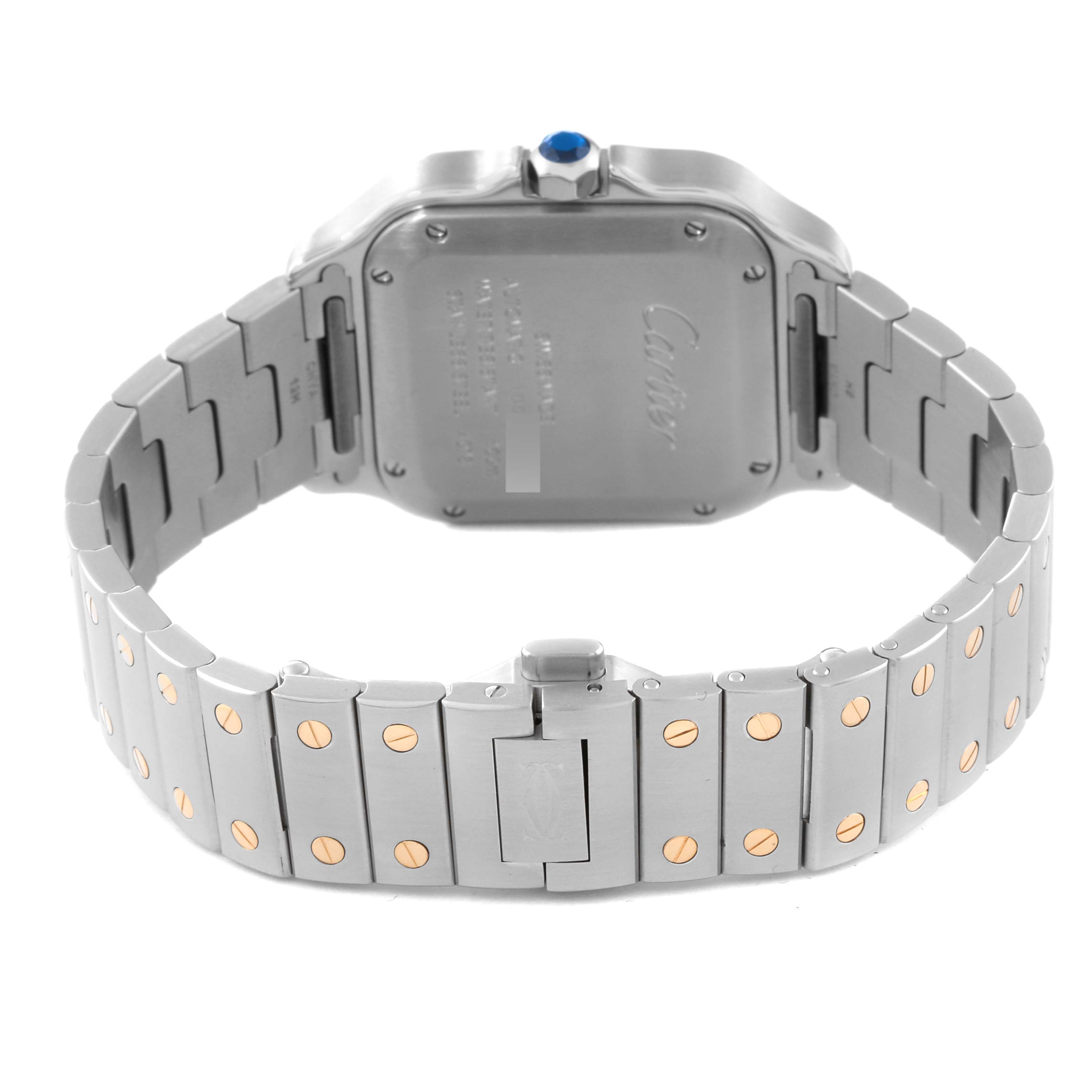 The image shows the backside and bracelet of the Santos model by Cartier, highlighting the screw details and folding clasp.