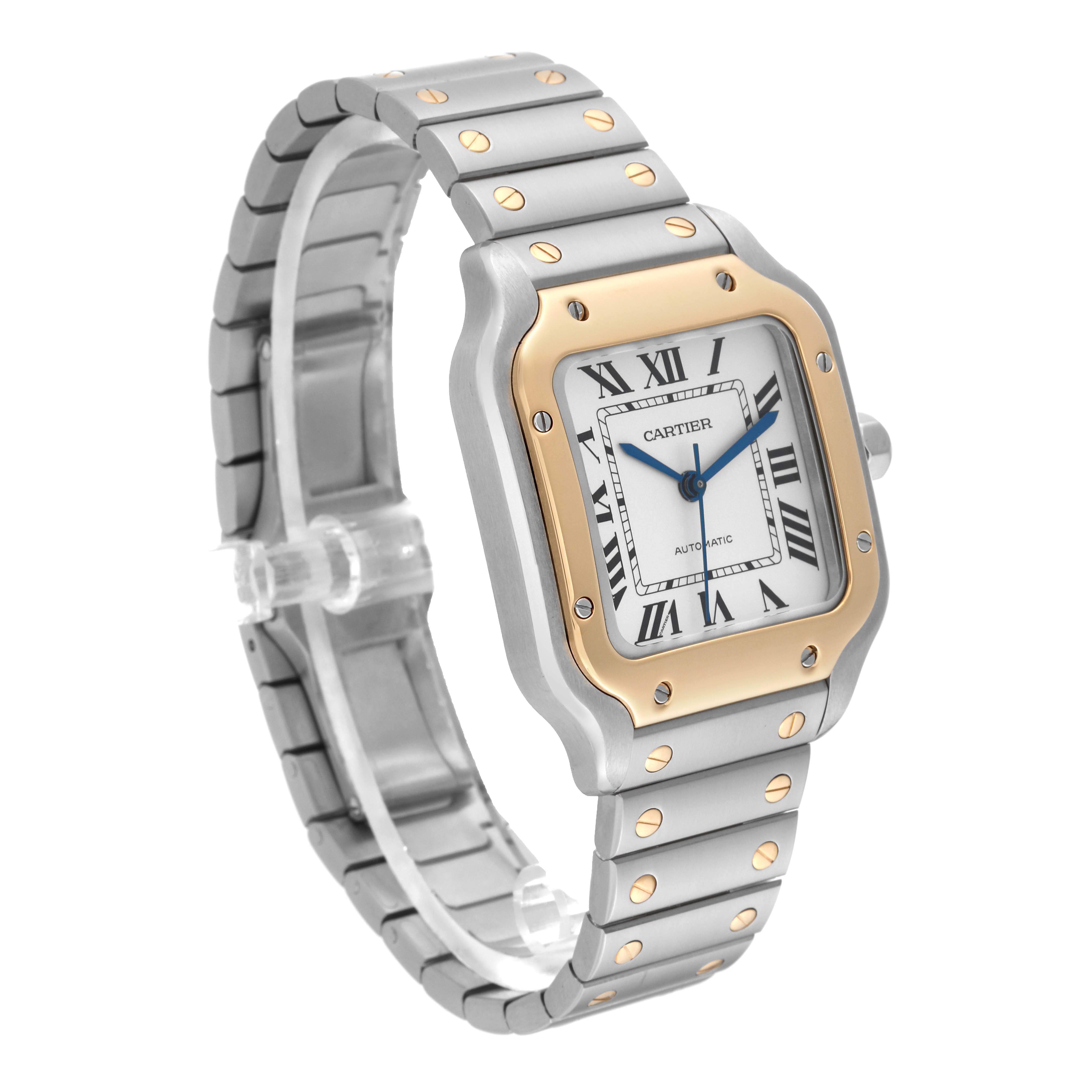 This image shows a Cartier Santos W2SA0007 Men's Steel and Gold (two tone) Silver Dial W2SA0007 Men's Steel and Gold (two tone) Silver Dial watch at a slightly turned angle, highlighting its face, bezel, and metal strap.