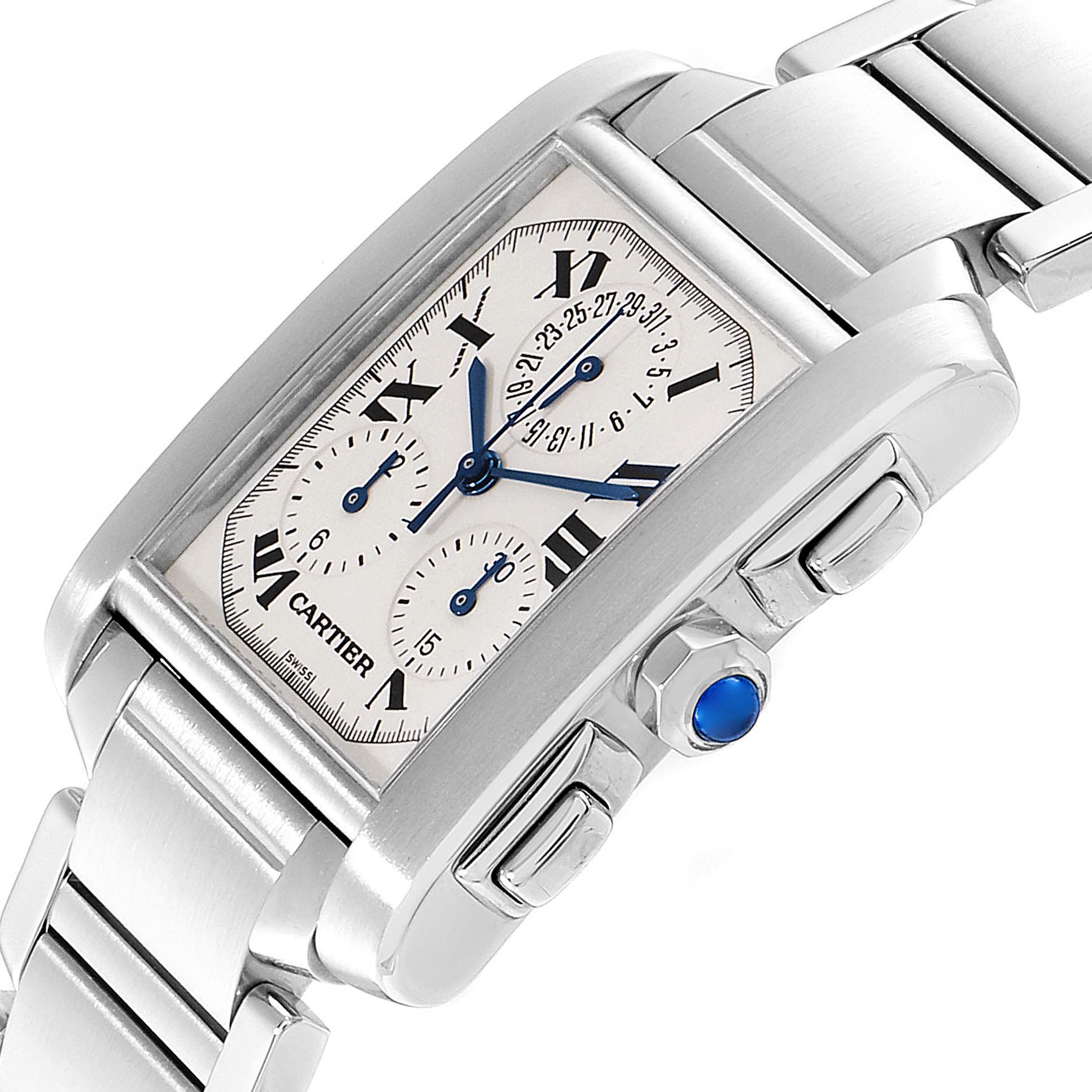 This image shows a side-angle view of a Cartier Tank Francaise W51001Q3 Men's Stainless Steel Silver Dial W51001Q3 Men's Stainless Steel Silver Dial watch, focusing on the face, crown, and part of the bracelet.