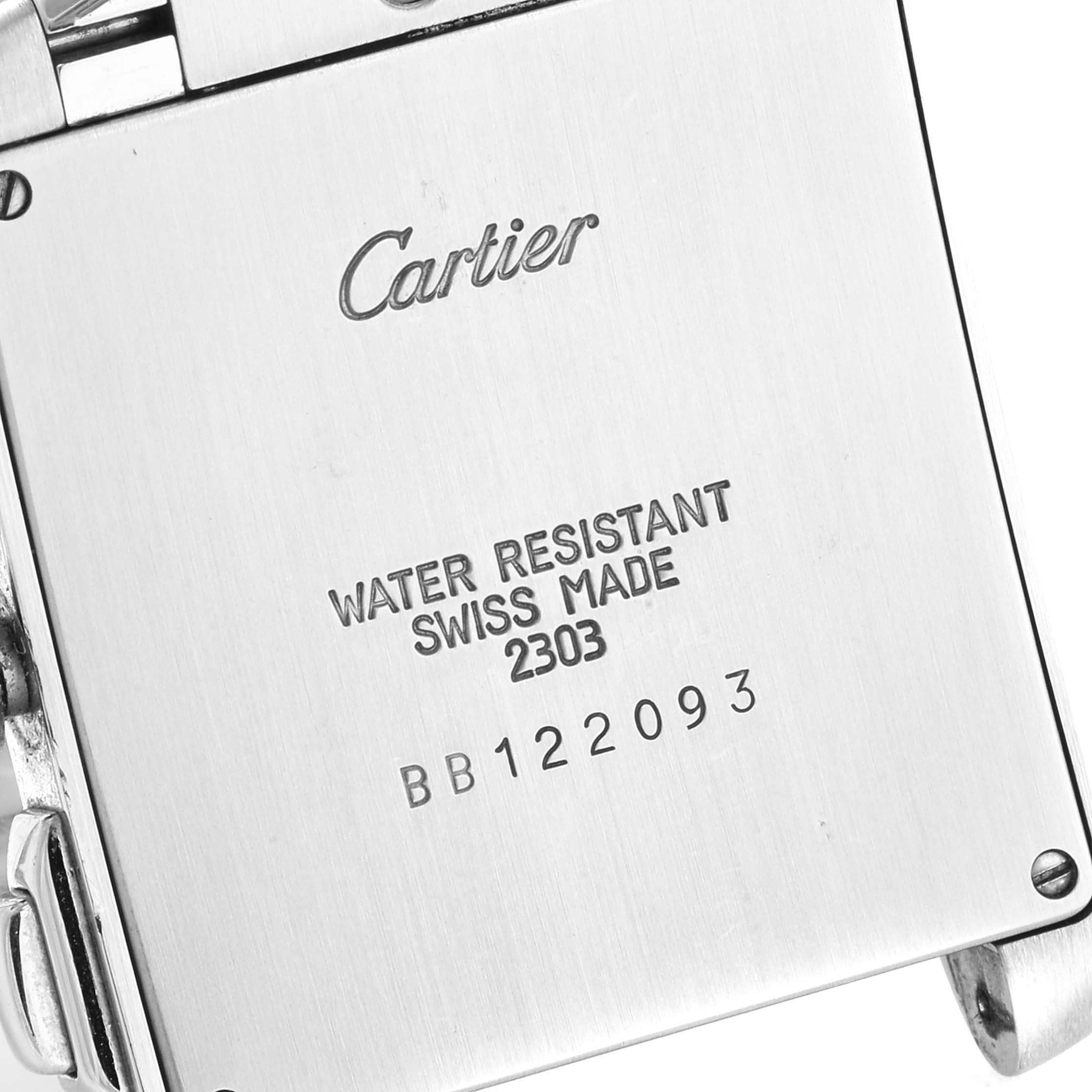 The image shows the back case of a Cartier Tank Francaise W51001Q3 Men's Stainless Steel Silver Dial W51001Q3 Men's Stainless Steel Silver Dial watch, highlighting its water resistance and serial number.