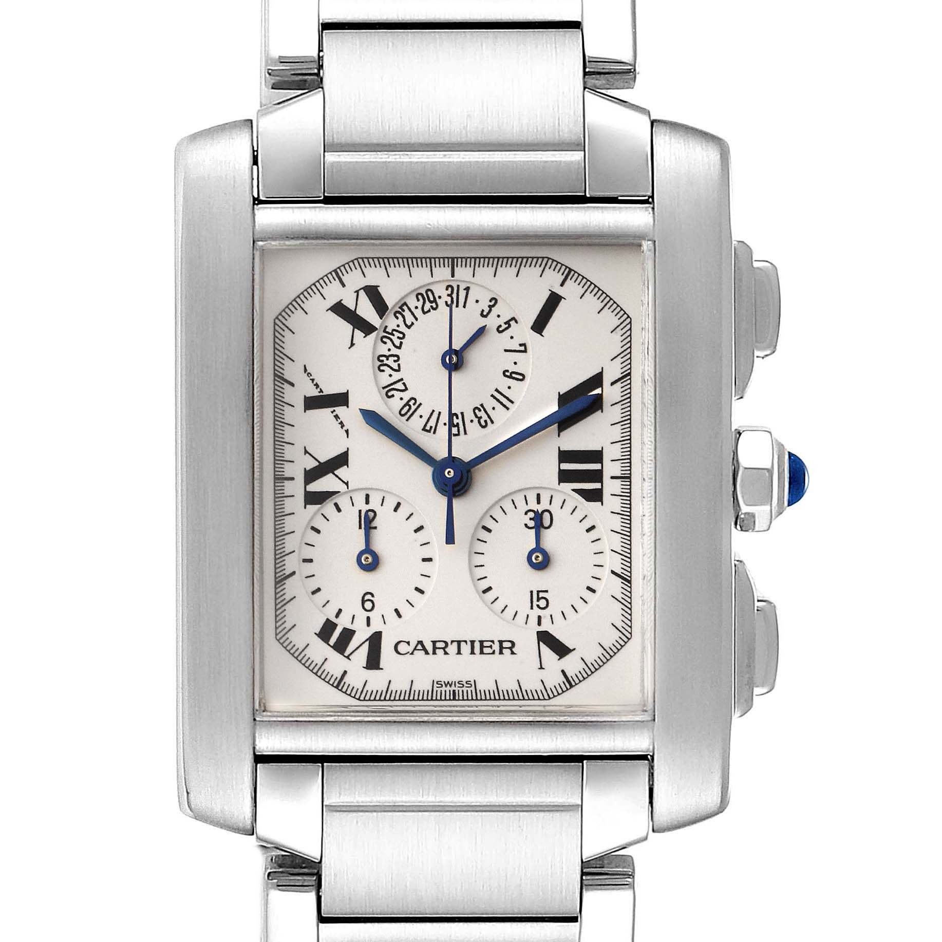 The Tank Française by Cartier is shown from a front angle, displaying its face and stainless steel wristband.