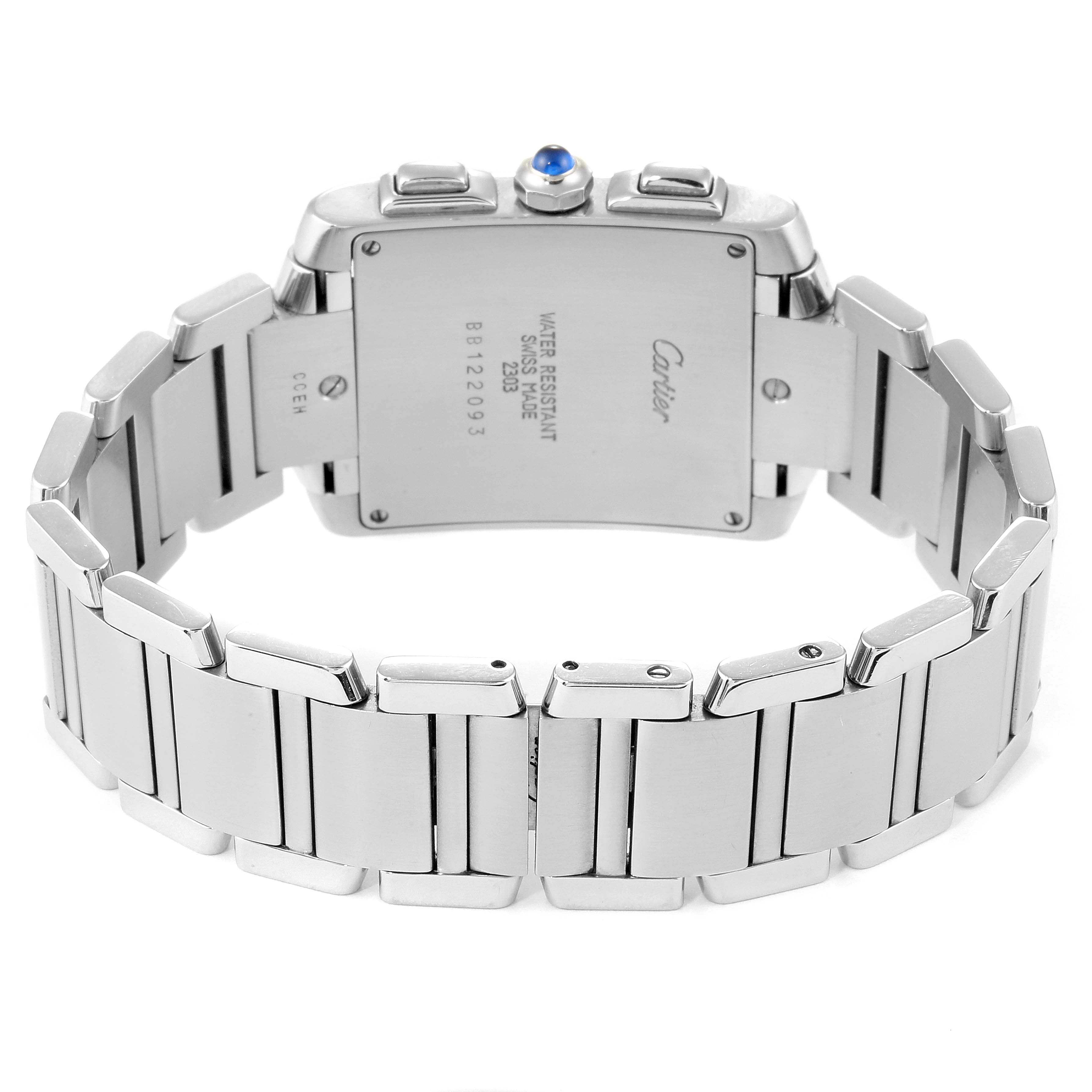 This image shows the back casing and bracelet of the Cartier Tank Francaise W51001Q3 Men's Stainless Steel Silver Dial W51001Q3 Men's Stainless Steel Silver Dial watch.