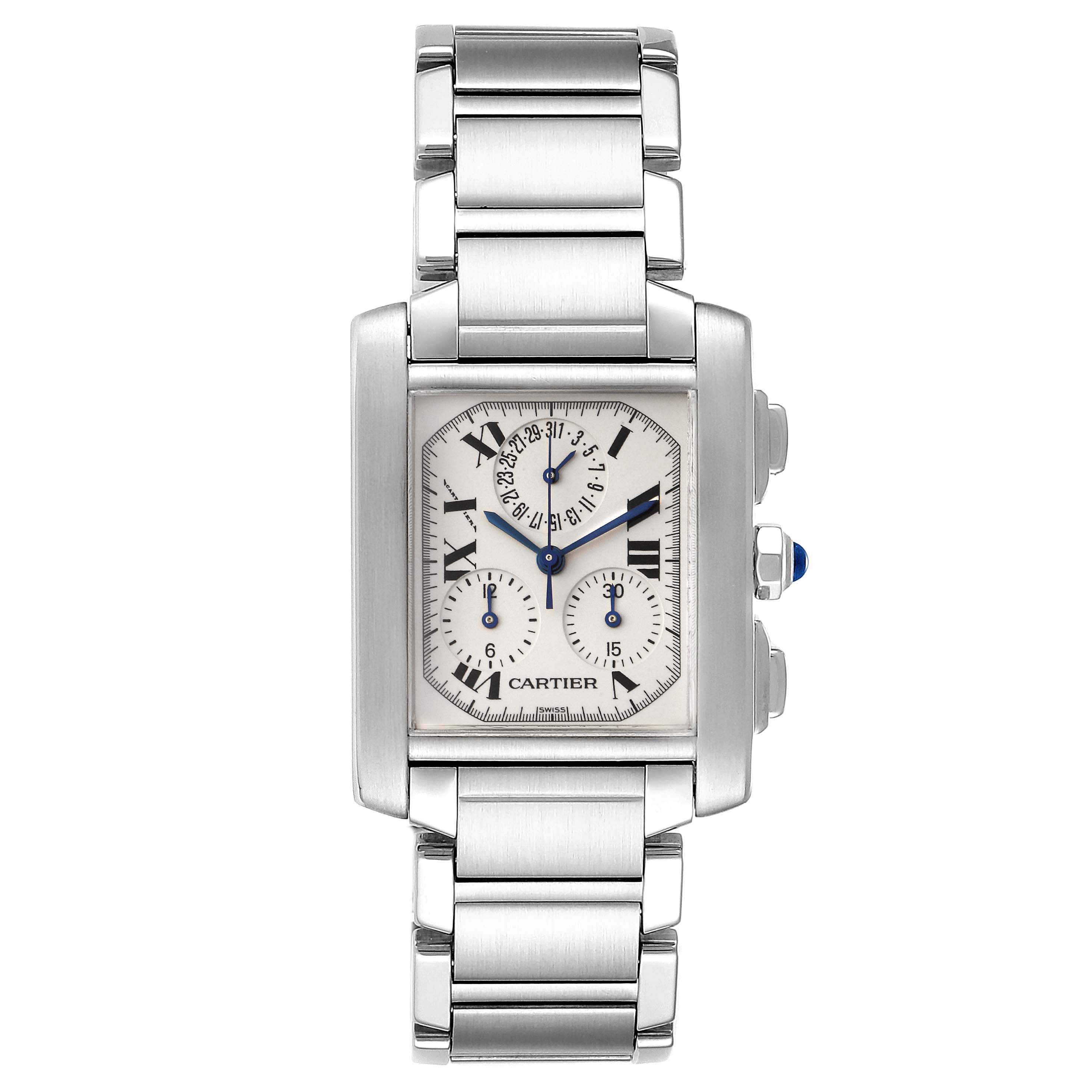 The image shows a front view of a Tank Française model watch by Cartier, displaying the face, bracelet, and side buttons.