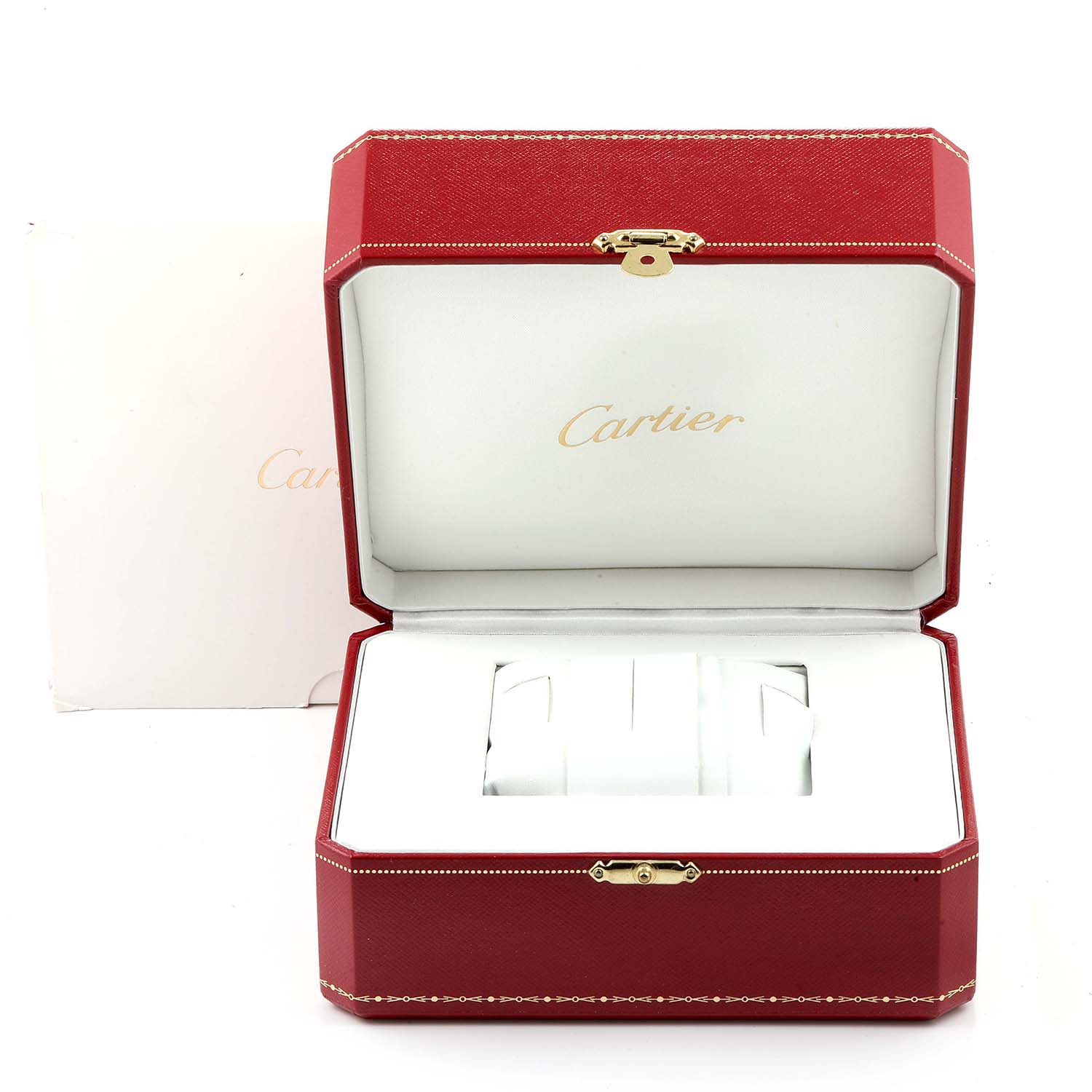 The image shows an open Cartier watch box for the Tank Francaise model, displaying the interior packaging.