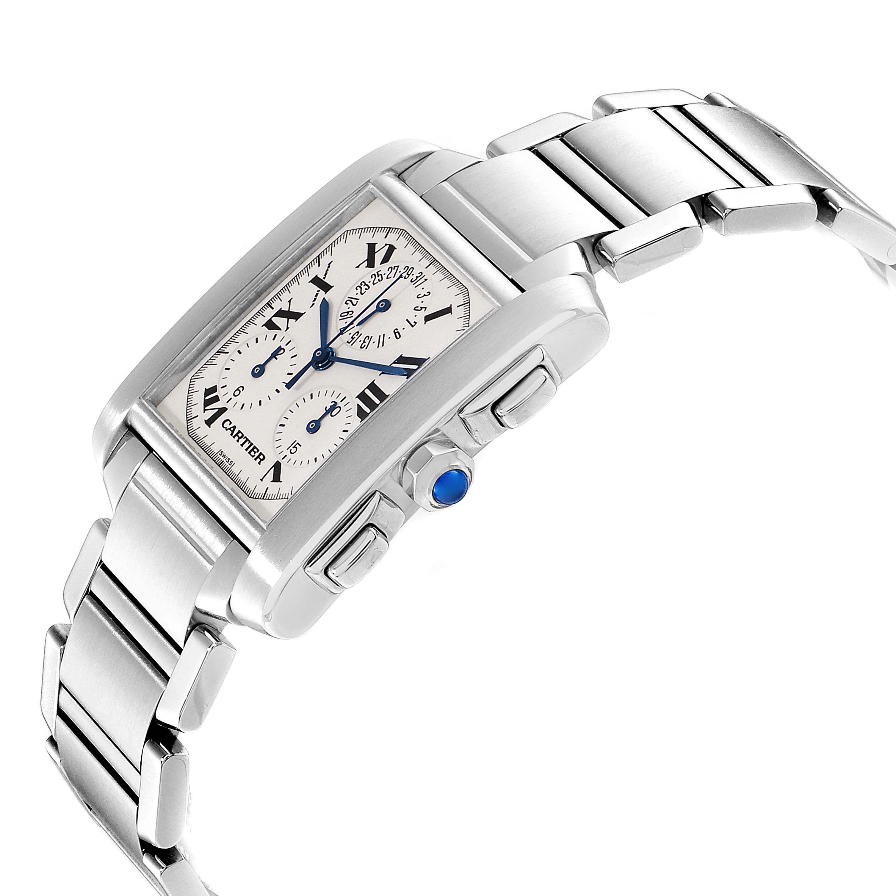 The image shows a side and top angle of the Cartier Tank Française watch, highlighting its bracelet and rectangular dial.