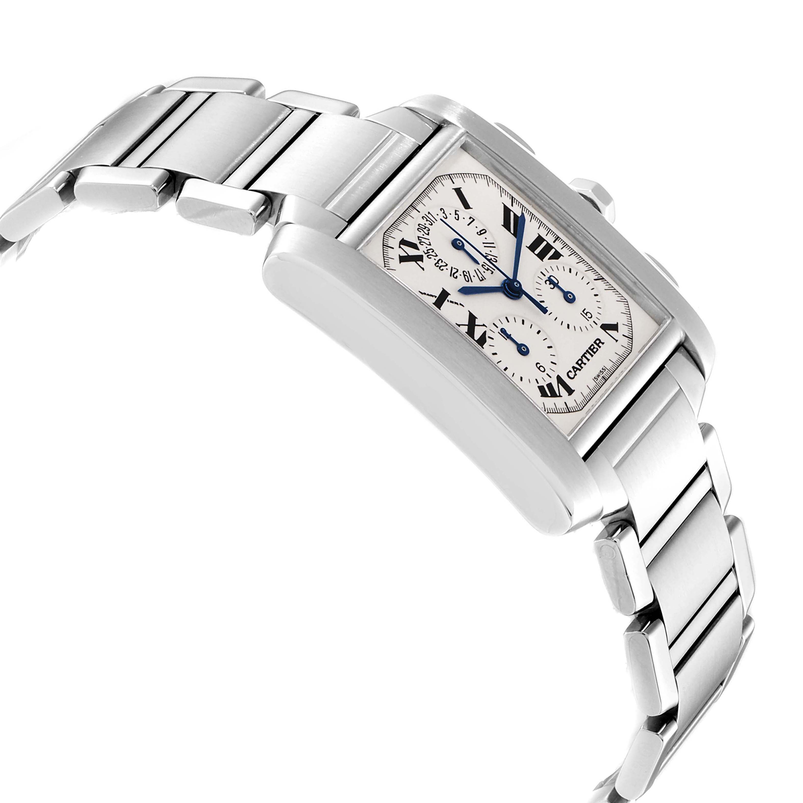 The image shows a side angle of the Cartier Tank Francaise W51001Q3 Men's Stainless Steel Silver Dial W51001Q3 Men's Stainless Steel Silver Dial watch, highlighting its bracelet, rectangular case, and dial with sub-dials.