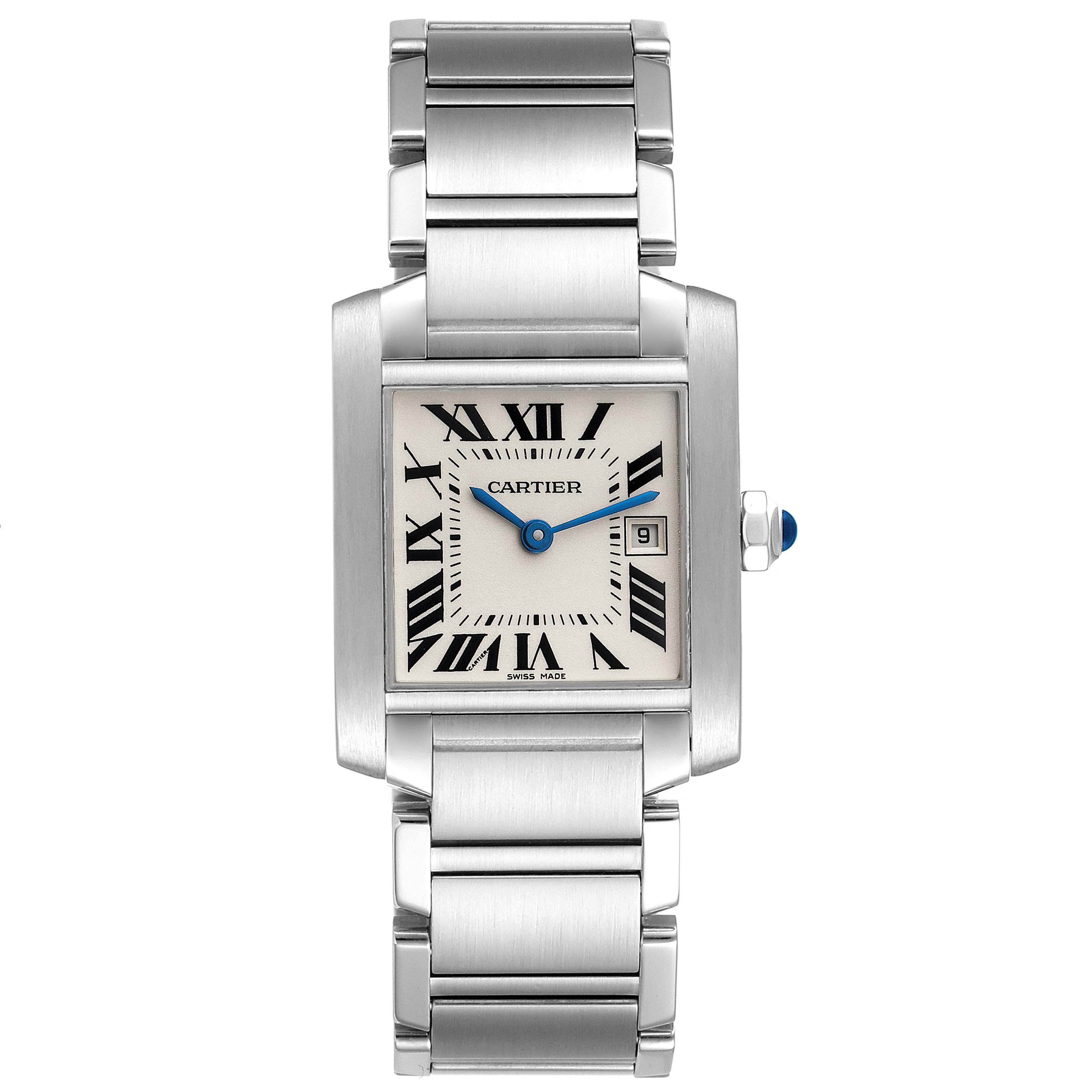 The image shows a Cartier Tank Francaise W51011Q3 Women's Stainless Steel Silver Dial W51011Q3 Women's Stainless Steel Silver Dial watch from a front angle, displaying its face, bracelet, and winder.