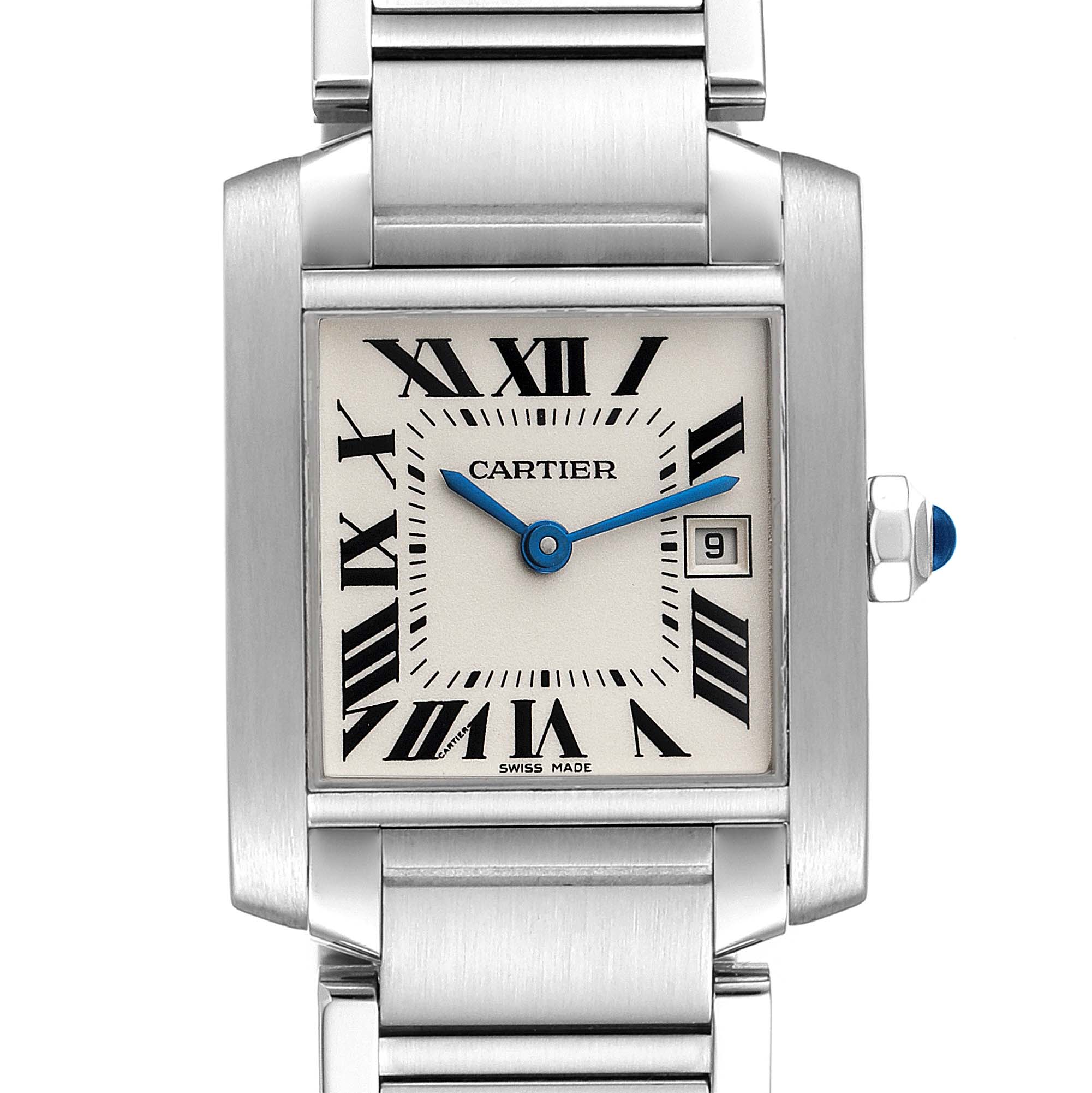 The image shows the face and part of the bracelet of a Cartier Tank Francaise W51011Q3 Women's Stainless Steel Silver Dial W51011Q3 Women's Stainless Steel Silver Dial watch viewed from the front.