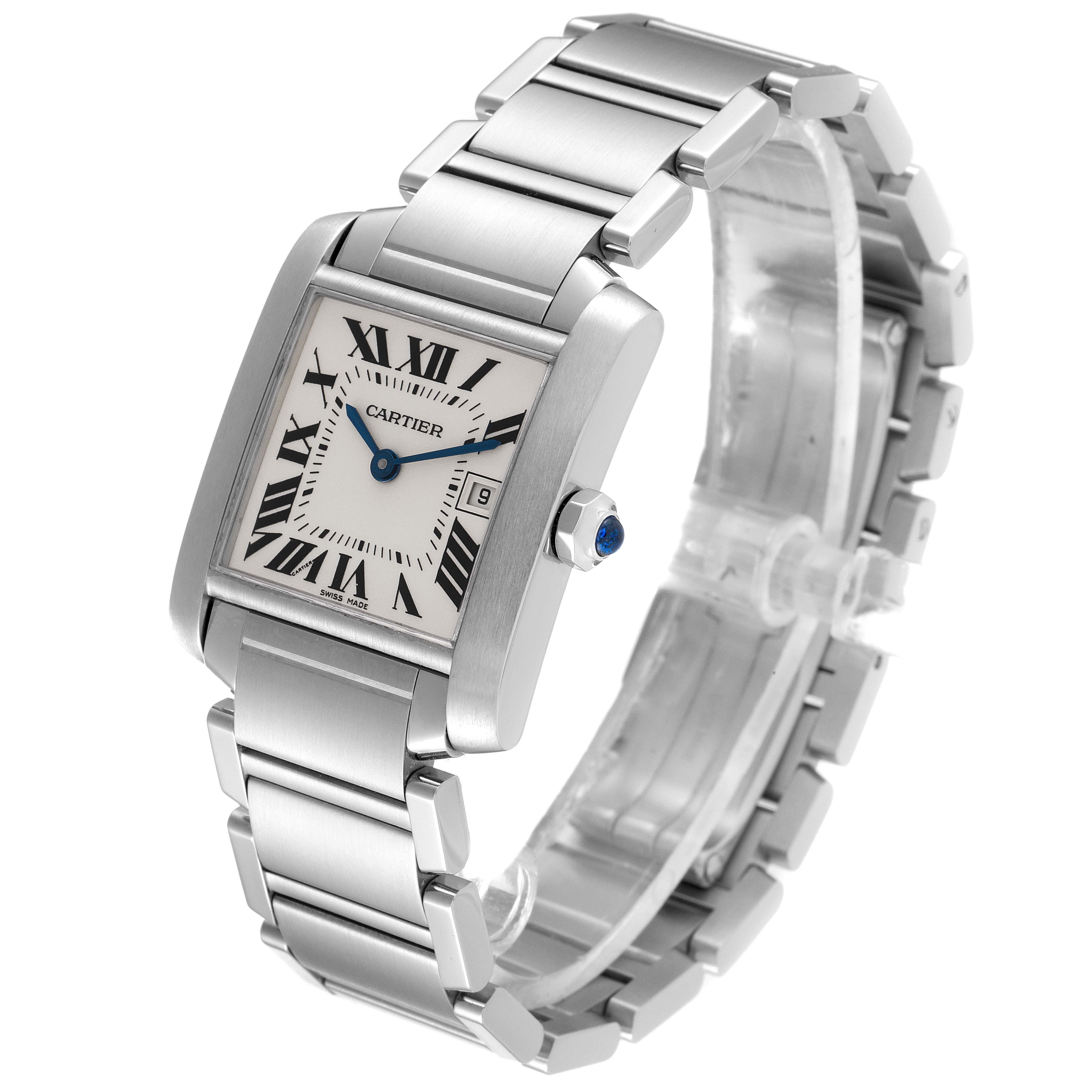 The image shows a Cartier Tank Francaise W51011Q3 Women's Stainless Steel Silver Dial W51011Q3 Women's Stainless Steel Silver Dial watch at an angle displaying the face, bezel, crown, and bracelet.