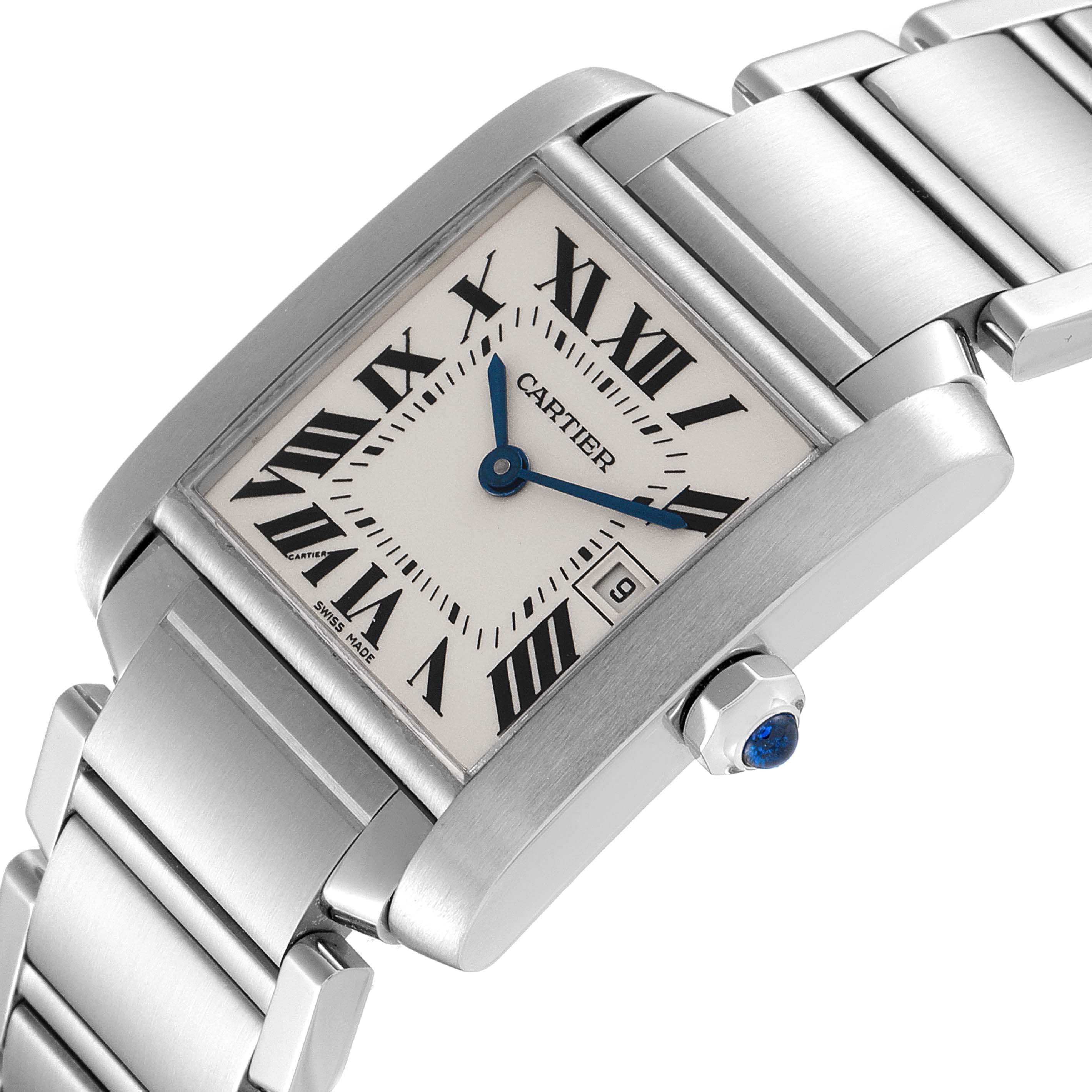 The Cartier Tank Francaise W51011Q3 Women's Stainless Steel Silver Dial W51011Q3 Women's Stainless Steel Silver Dial watch is shown at a slight angle, detailing the face, crown, and stainless steel bracelet.
