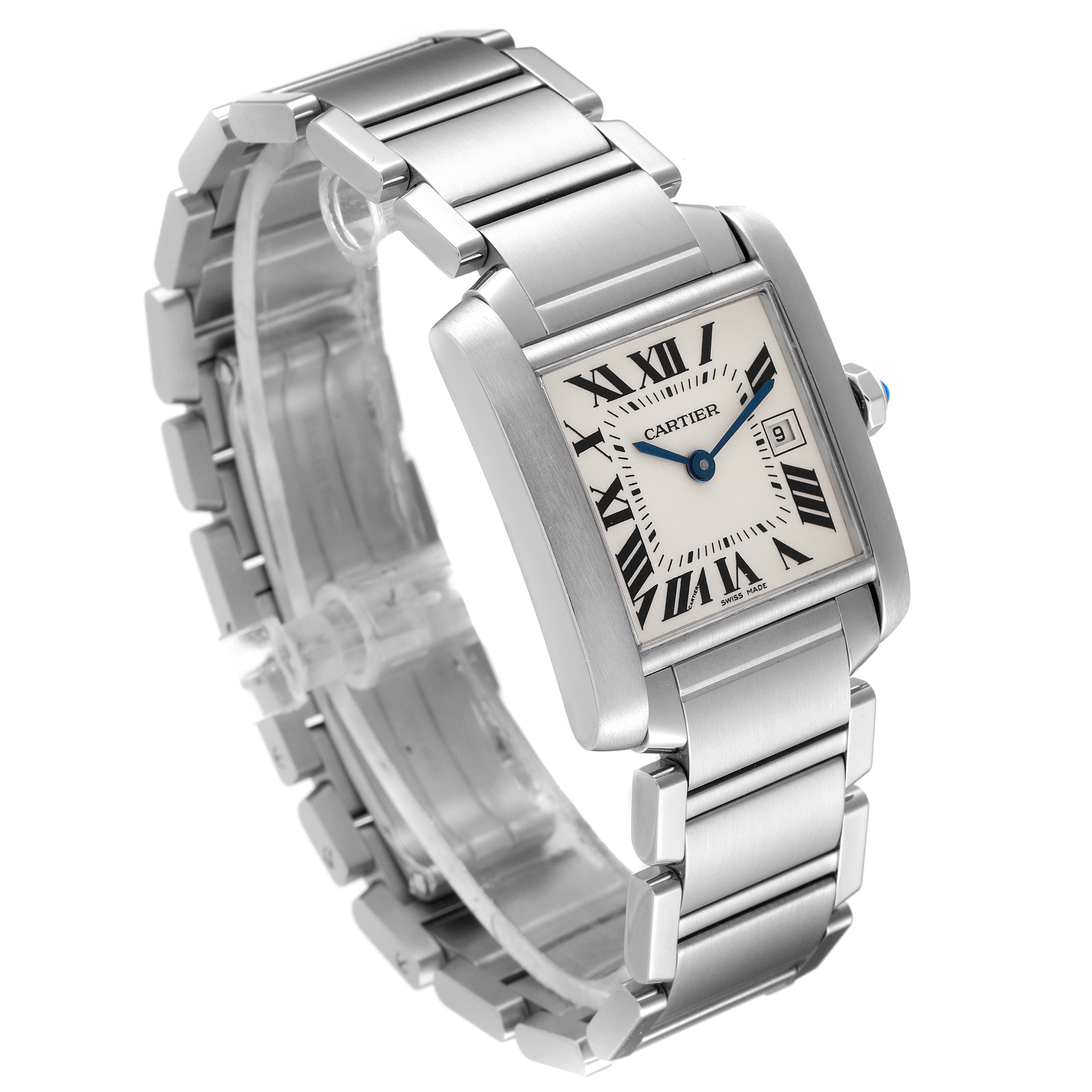 The Cartier Tank Francaise W51011Q3 Women's Stainless Steel Silver Dial W51011Q3 Women's Stainless Steel Silver Dial watch is shown at an angle highlighting its case, bracelet, dial, and clasp.