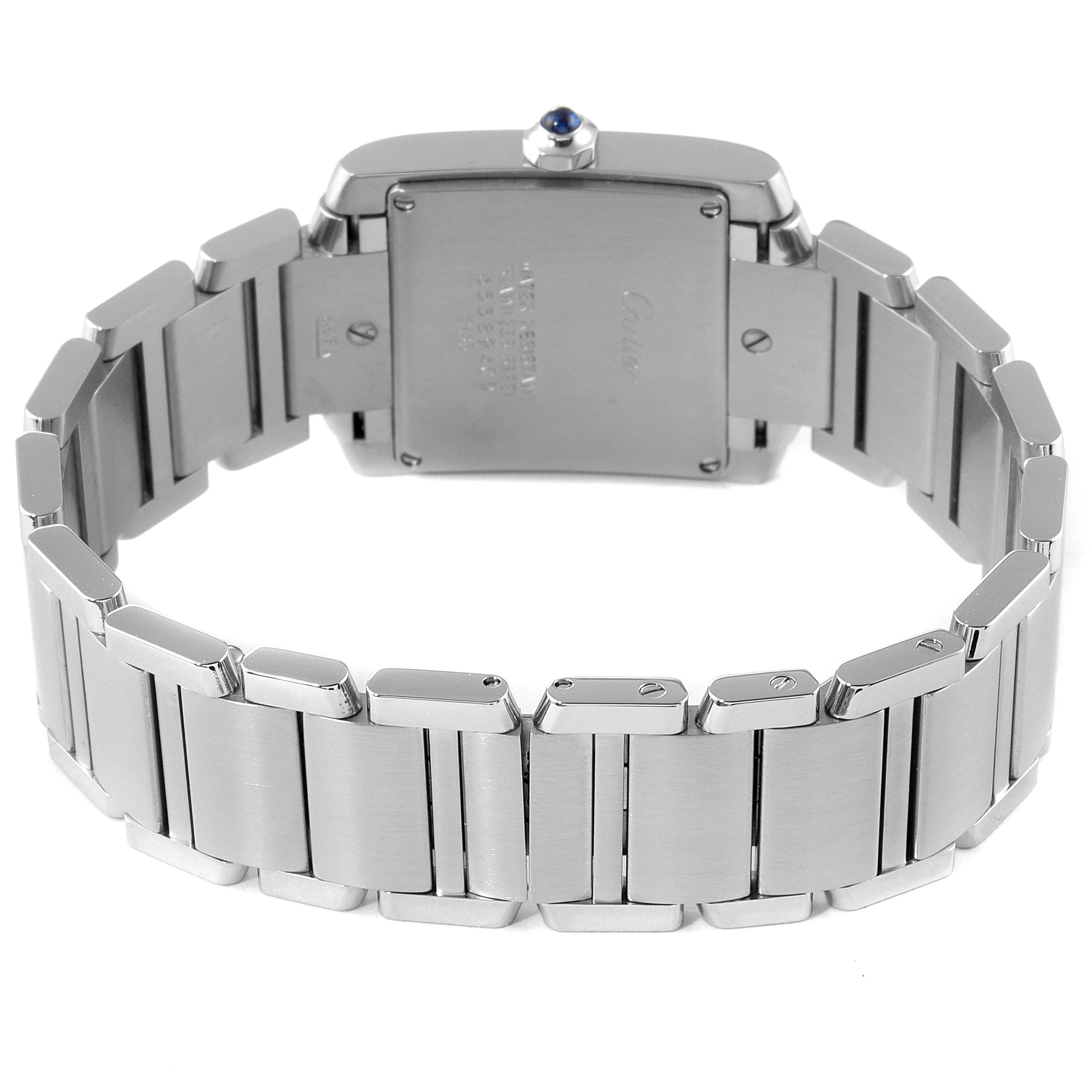 This image shows the back and bracelet of a Cartier Tank Francaise W51011Q3 Women's Stainless Steel Silver Dial W51011Q3 Women's Stainless Steel Silver Dial watch from a rear angle.