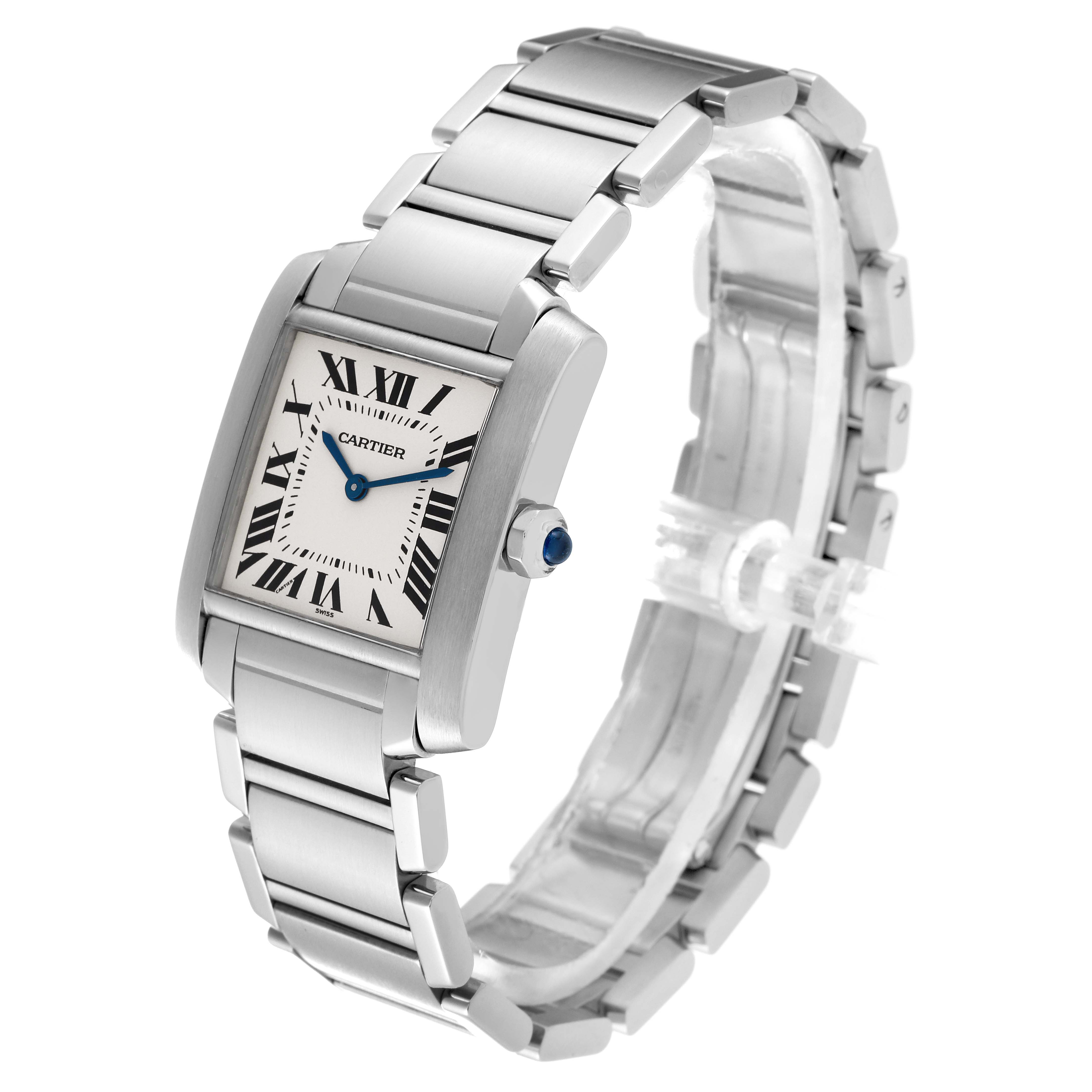 The image shows a Cartier Tank Française watch at an angle displaying its face, bracelet, and side profile.