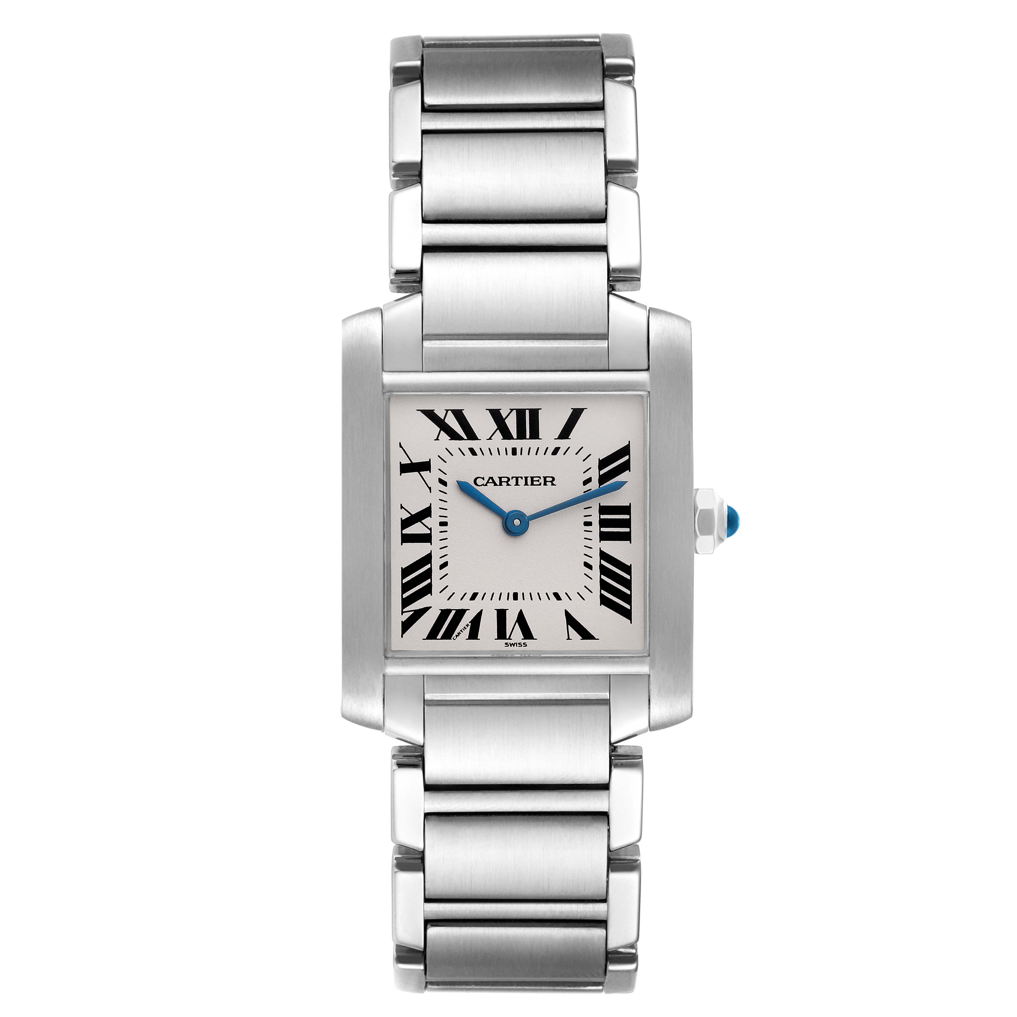 The image shows a head-on view of a Cartier Tank Francaise W51003Q3 Women's Stainless Steel Silver Dial W51003Q3 Women's Stainless Steel Silver Dial watch, highlighting its face and metal bracelet.