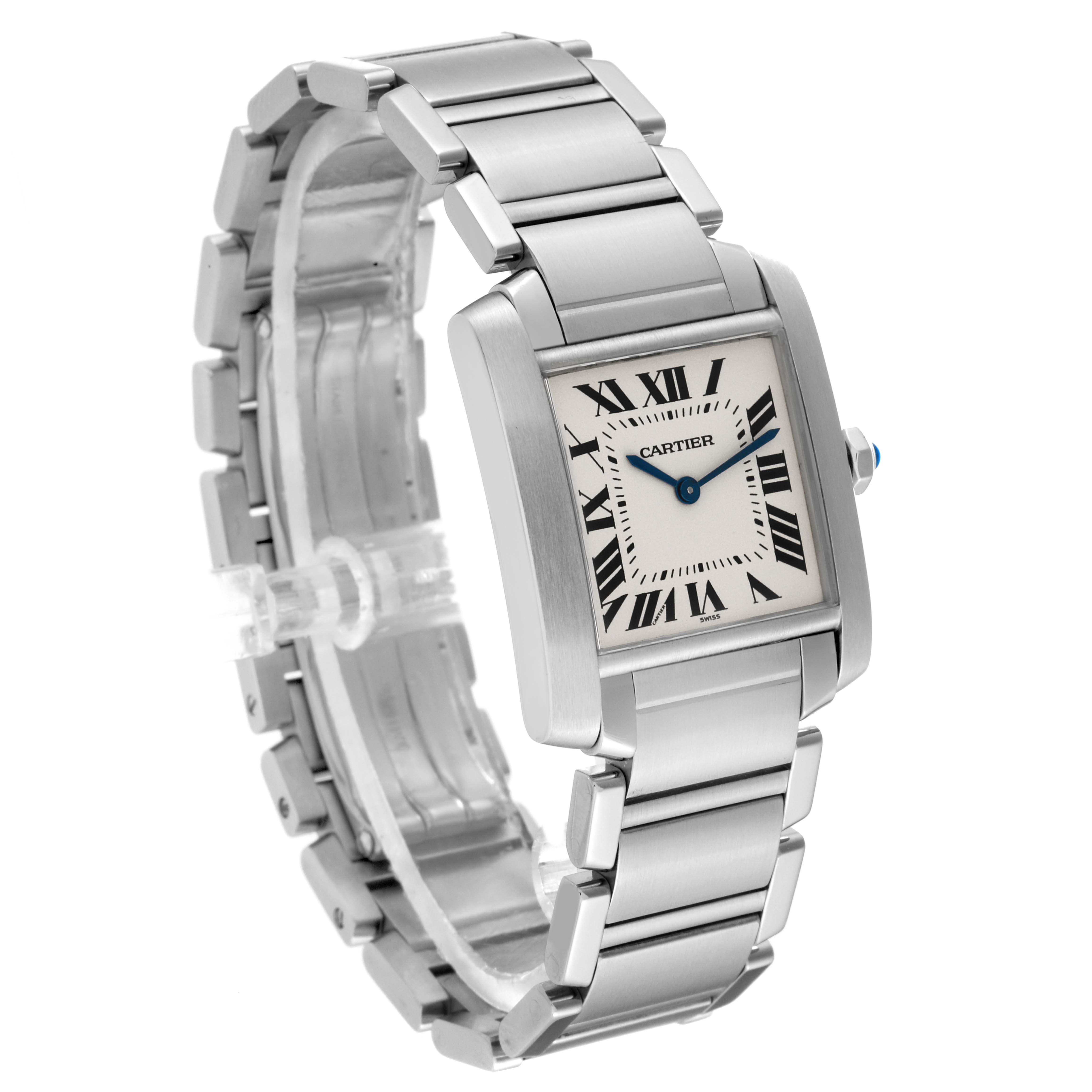 The image shows a side angle of the Cartier Tank Francaise W51003Q3 Women's Stainless Steel Silver Dial W51003Q3 Women's Stainless Steel Silver Dial watch, highlighting its bracelet and rectangular face with Roman numerals.