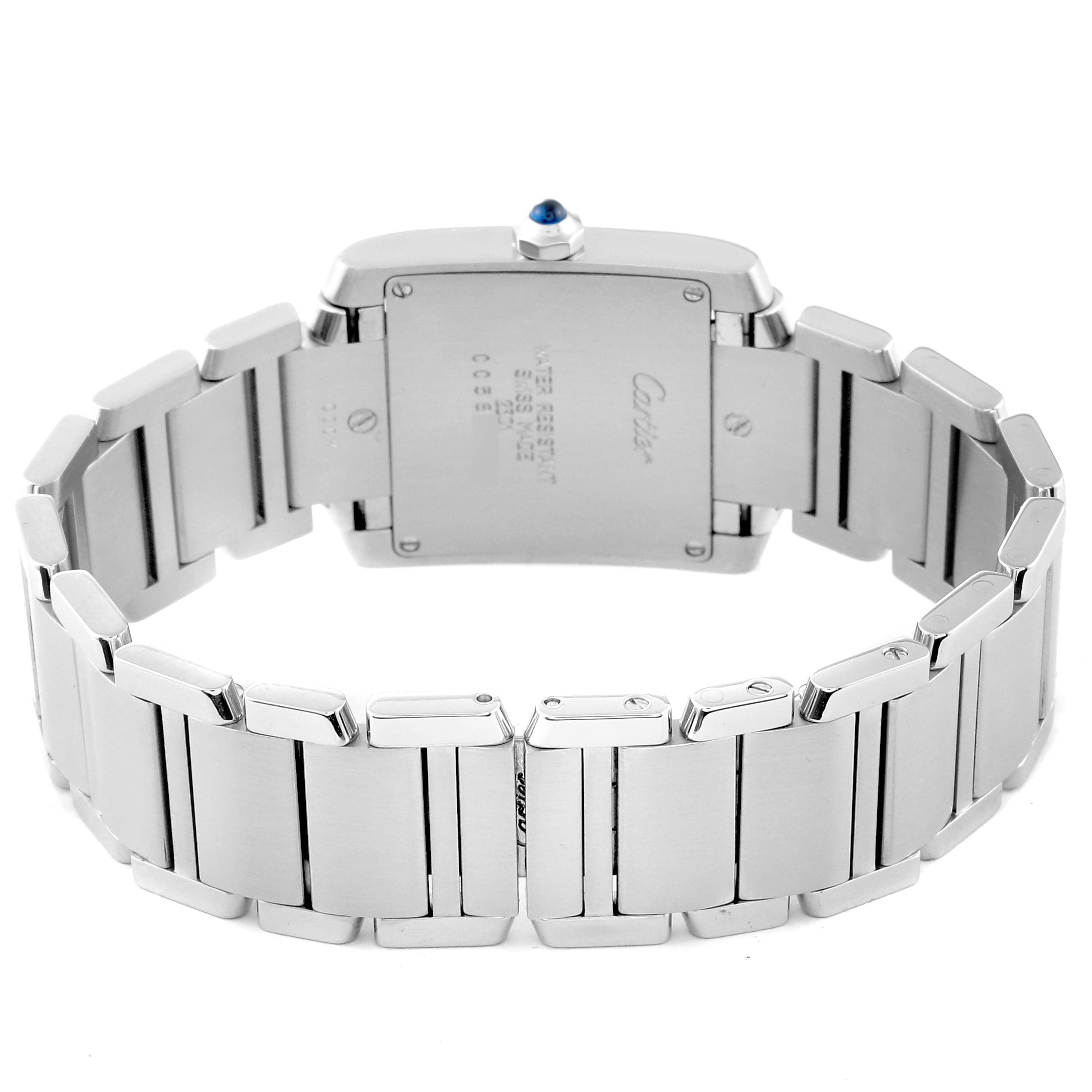 The image shows the back angle of a Cartier Tank Francaise W51003Q3 Women's Stainless Steel Silver Dial W51003Q3 Women's Stainless Steel Silver Dial watch, highlighting its metal case and bracelet.